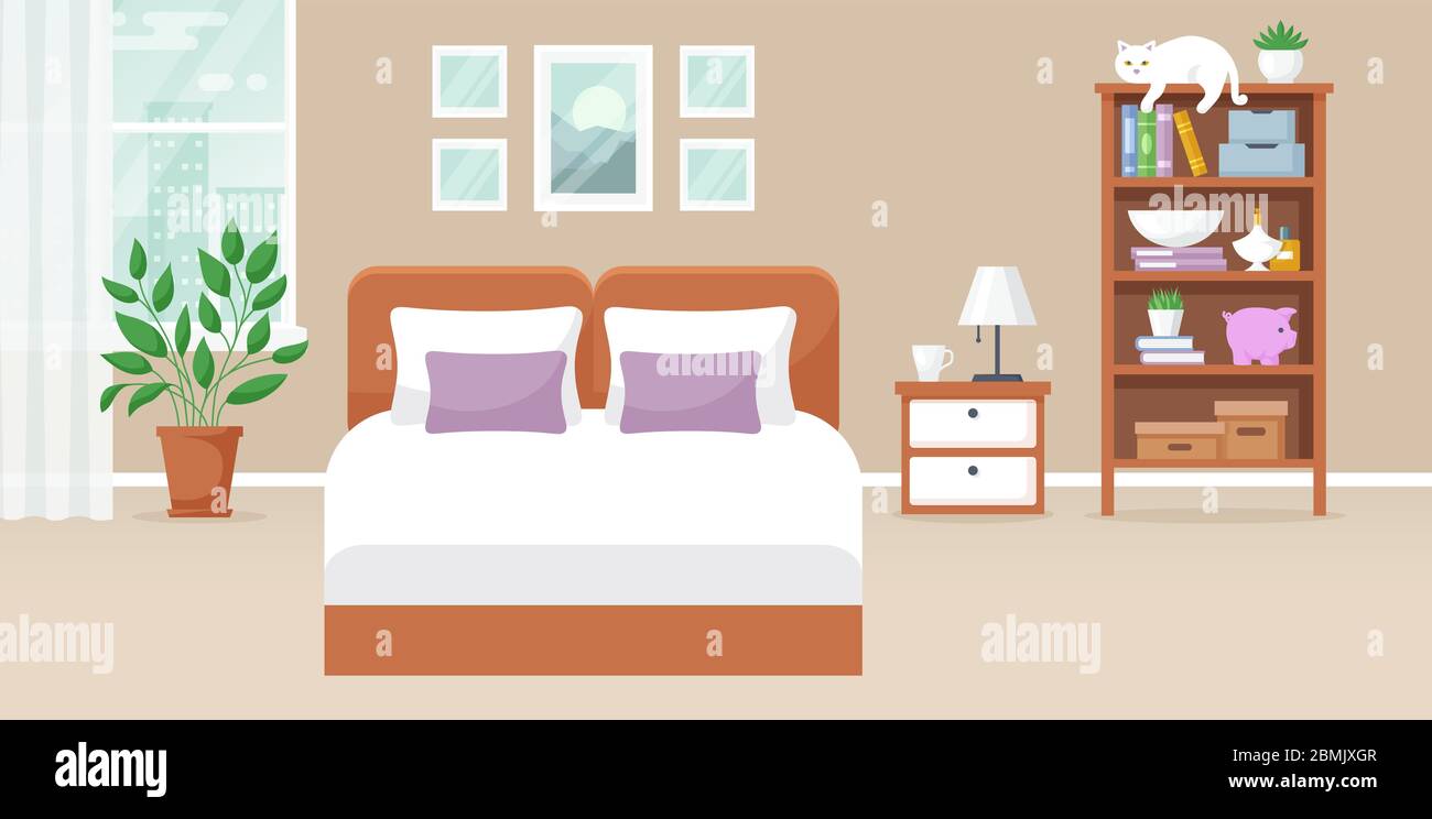 Interno della camera da letto. Design vettoriale di una camera accogliente con letto matrimoniale, comodino, finestra, libreria, accessori per l'arredamento e gatto. Casa. Banner orizzontale. Illustrazione Vettoriale