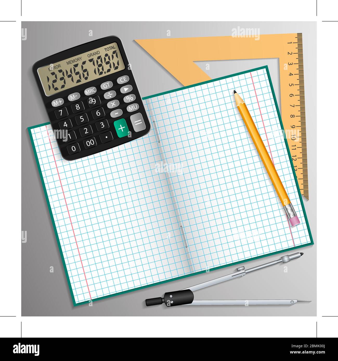 Illustrazione vettoriale sul tema della scuola. Notebook, matita, calcolatrice, righello e bussola appoggiati sul tavolo. Illustrazione Vettoriale