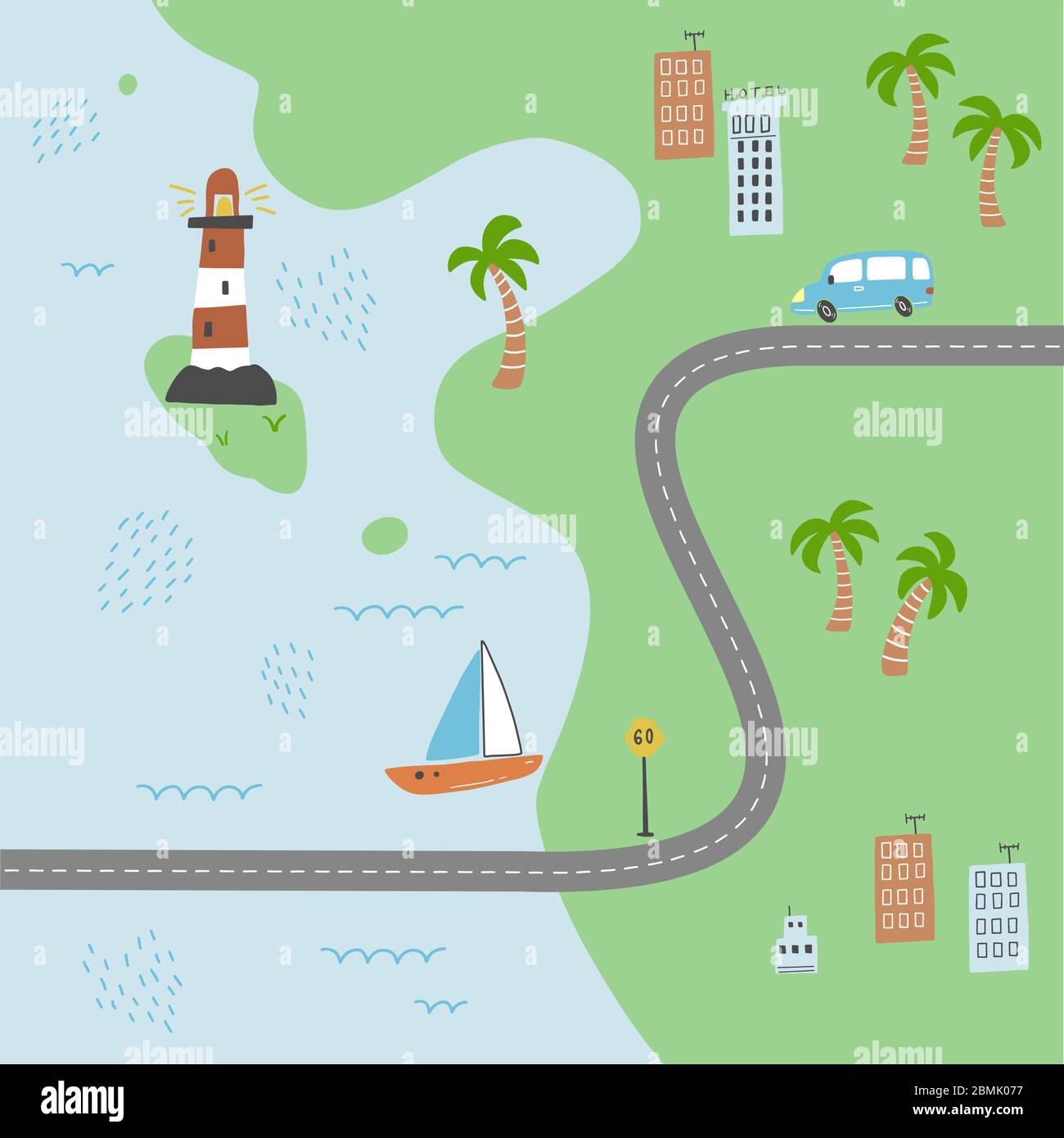 Cartoon cute mappa per bambini con auto, strada, città elementi paesaggistici. Auto, costruzione, strada di disegno a mano, stile giocattolo per bambini. Illustrazione vettoriale. Illustrazione Vettoriale