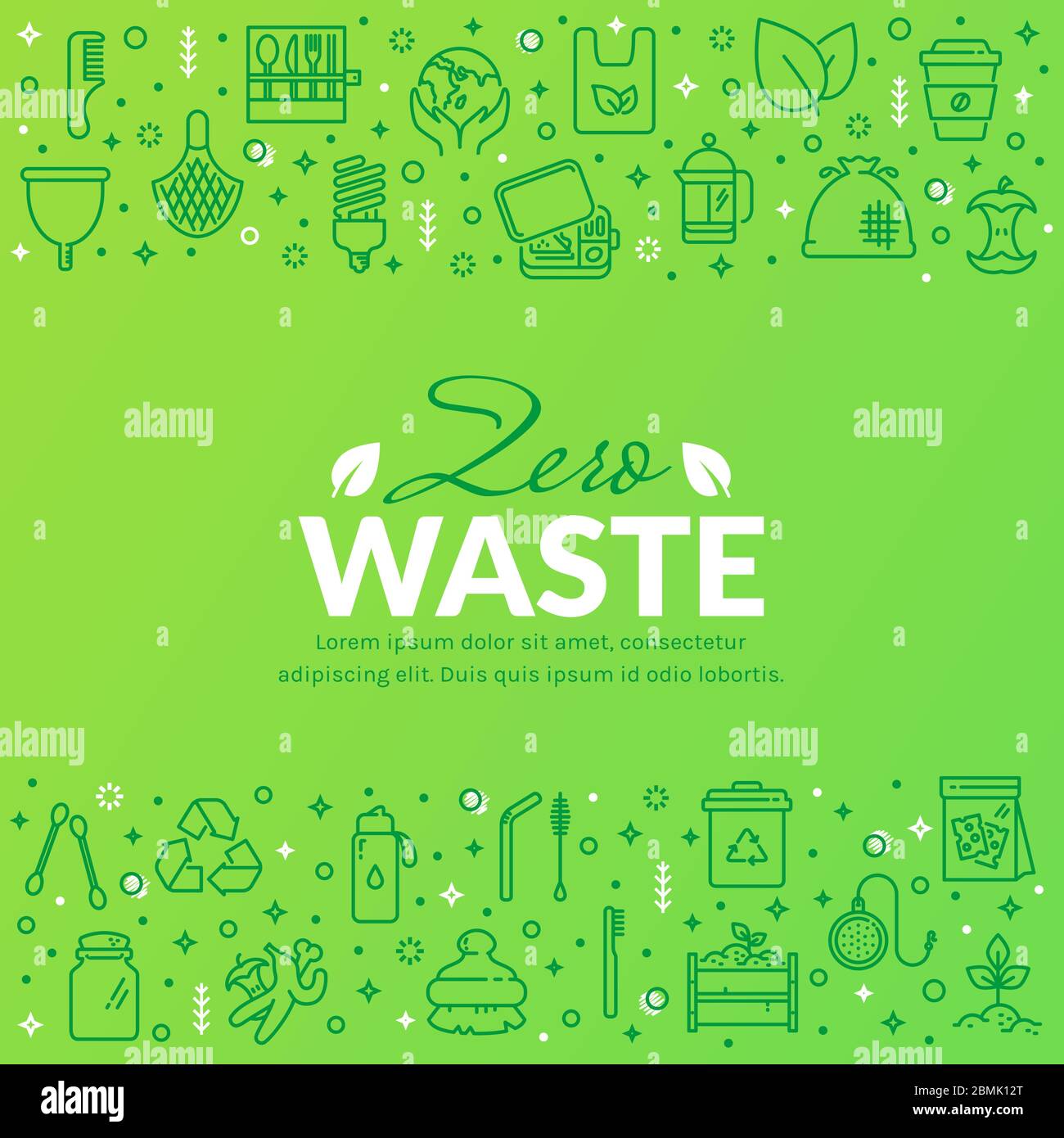 Banner di scarto zero con icone di linea su sfondo verde. Riciclaggio, articoli riutilizzabili, salvare il pianeta e temi eco lifestyle. Modello vettore. Illustrazione Vettoriale