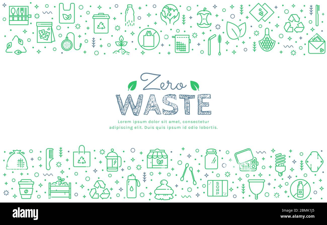 Banner Web zero waste con icone di linea verde isolate su sfondo bianco. Riciclaggio, plastica gratis, salvare i temi Planet. Modello orizzontale vettore. Illustrazione Vettoriale