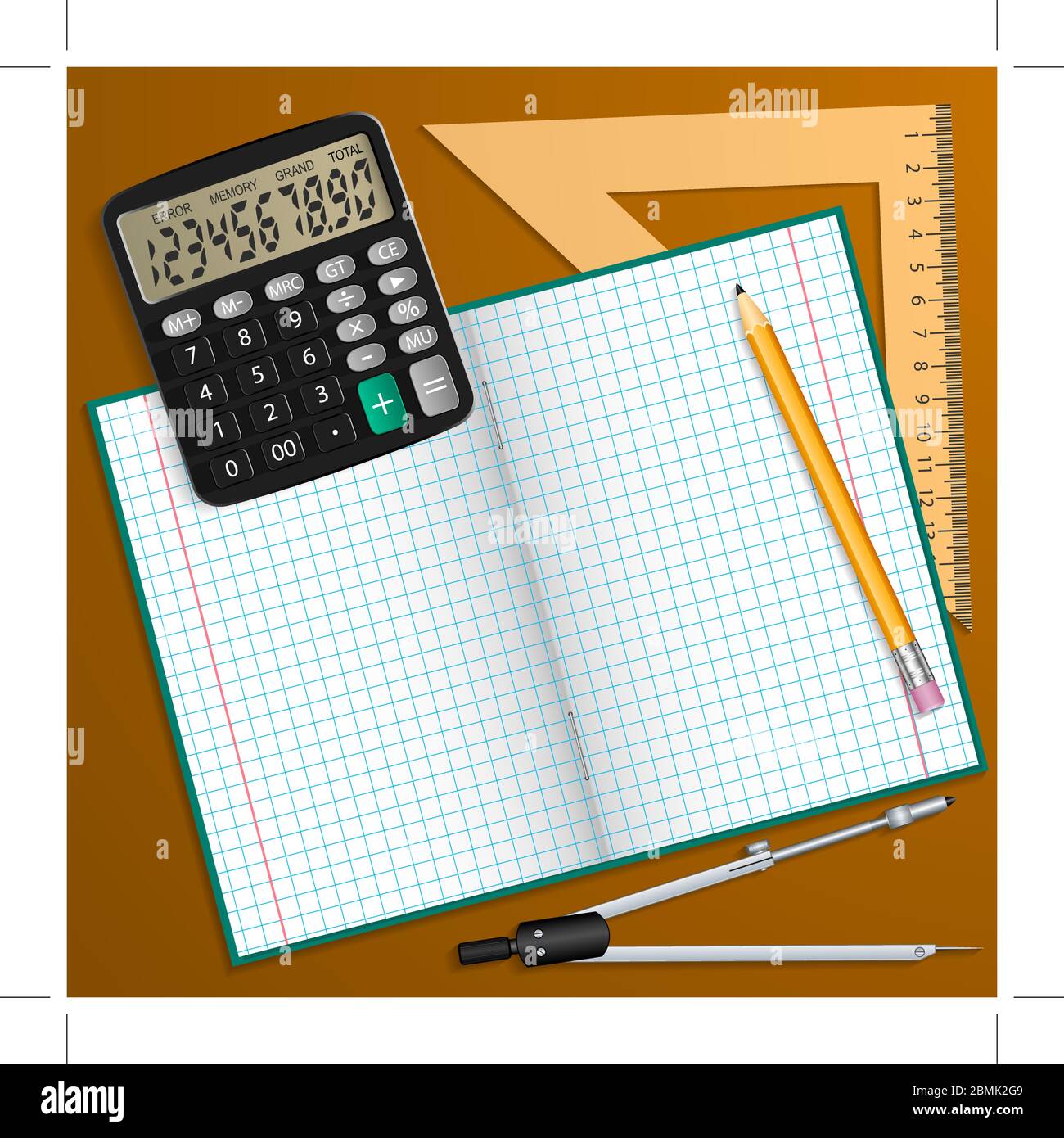 Illustrazione vettoriale sul tema della scuola. Notebook, matita, calcolatrice, righello e bussola appoggiati sul tavolo. Illustrazione Vettoriale
