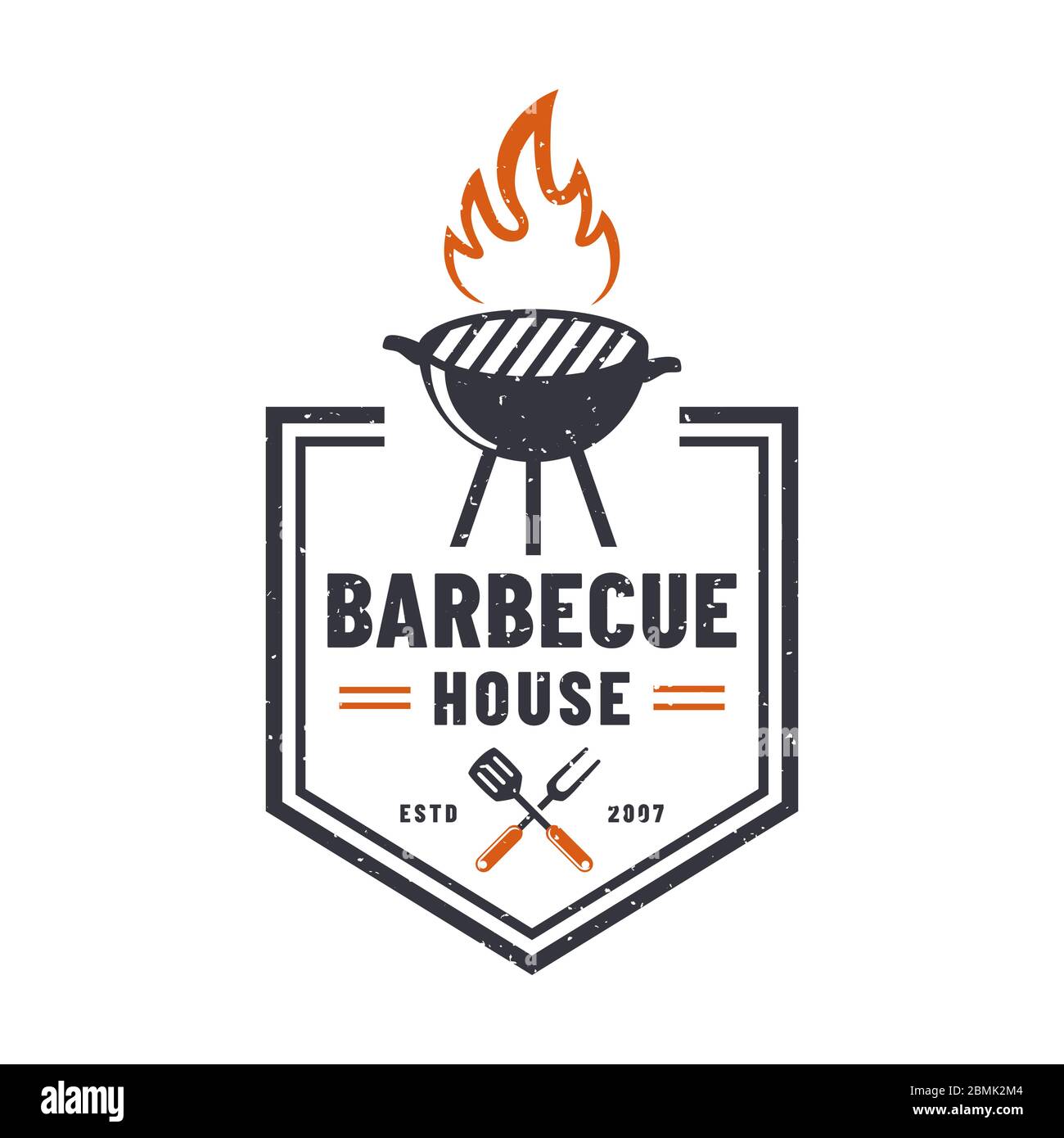 Logo della casa barbecue isolato su sfondo bianco. Fregio retrò con griglia. Badge vettoriale per ristorante barbecue. Illustrazione Vettoriale