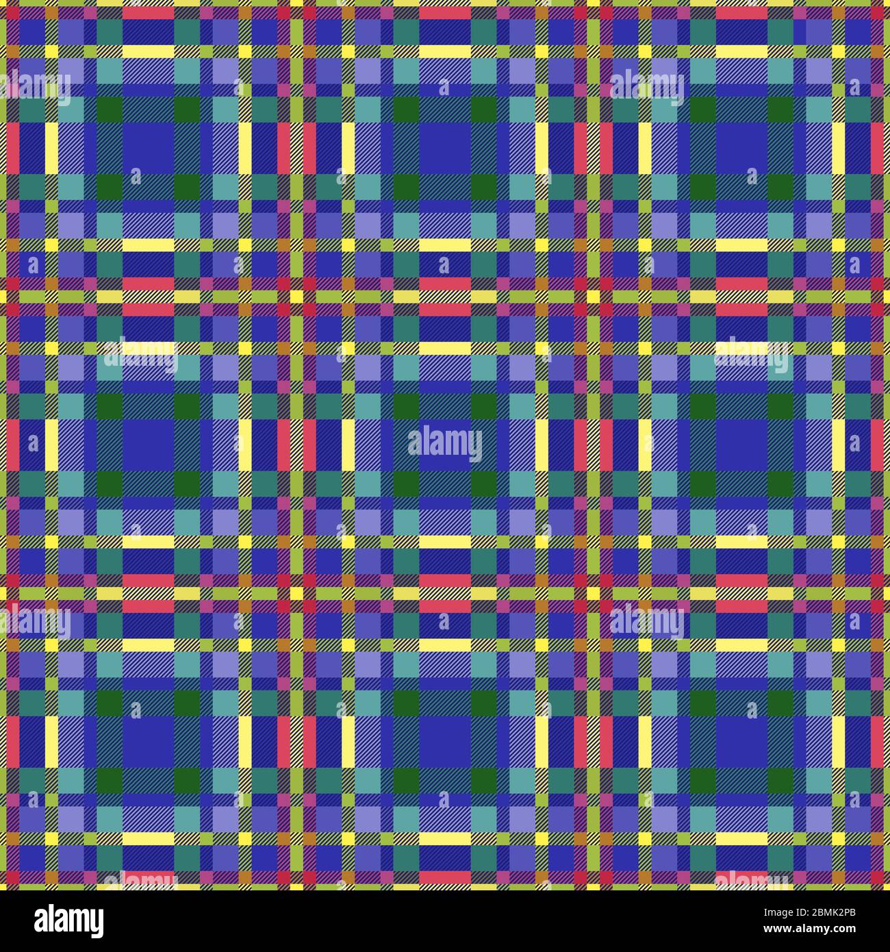 Motivo scozzese senza cuciture in tonalità blu, verde, rosa e giallo, texture per flanella camicia, plaid, tovaglie, vestiti, coperte e altro testo Illustrazione Vettoriale