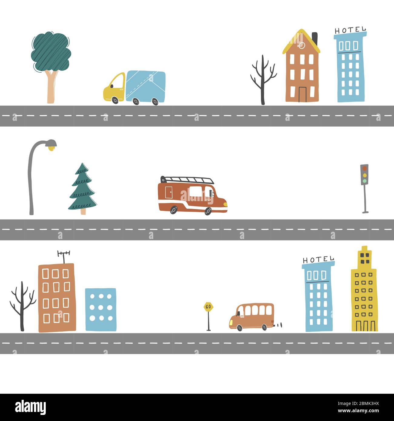 Cartoon cute mappa per bambini con auto, strada, città elementi paesaggistici. Auto, costruzione, strada di disegno a mano, stile giocattolo per bambini. Illustrazione vettoriale. Illustrazione Vettoriale