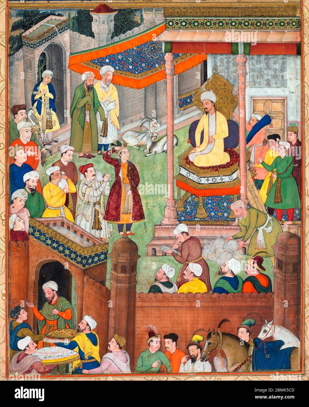 Babur riceve il bottino di Akbar e il saluto di Humayun dopo la vittoria sul Sultano Ibrahim nel 1526, da un Akbar-nama (Libro di Akbar) di Abu’l Fazl, circa 1600 - Foto Stock