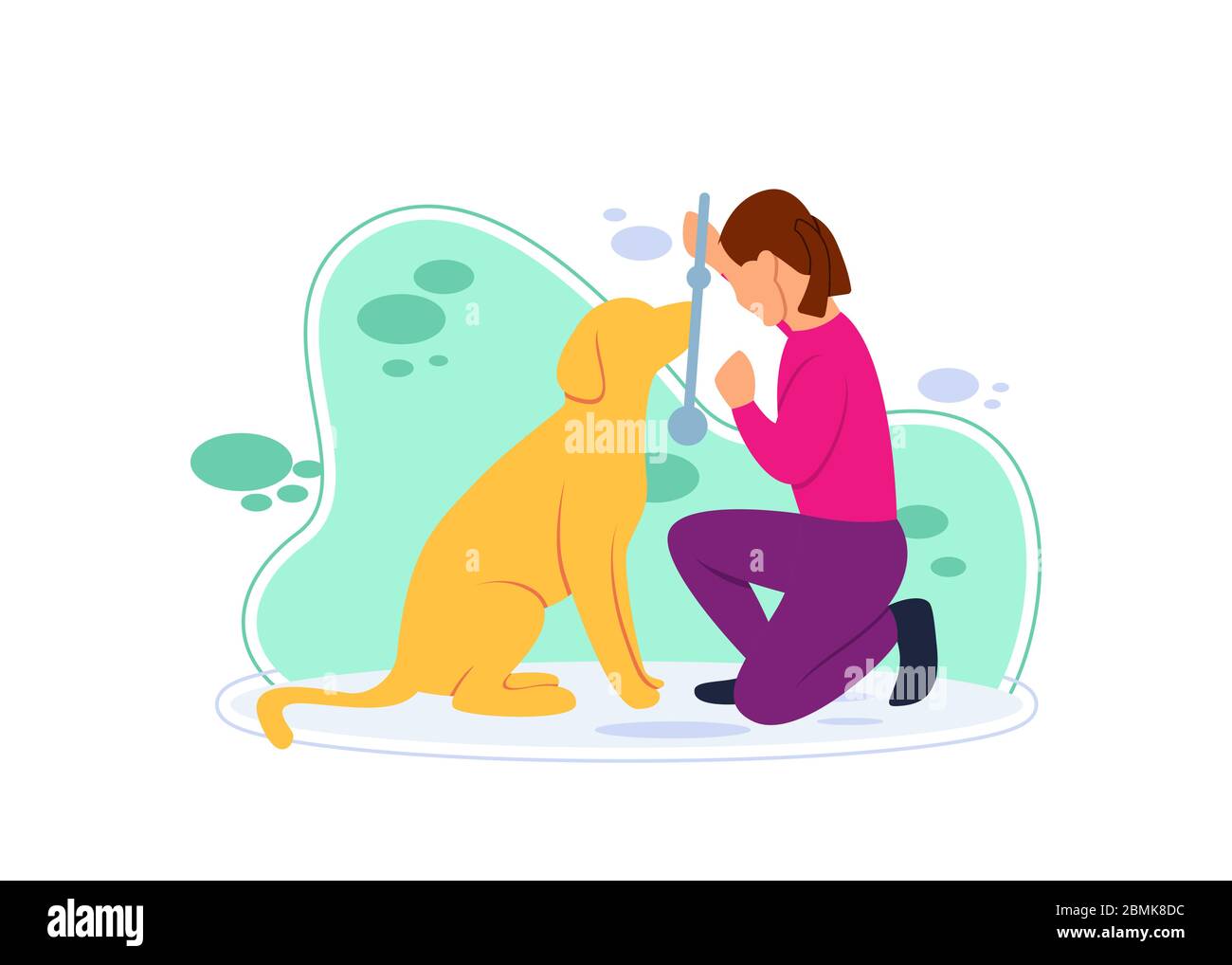 Illustrazione piatta di una bambina che gioca con il suo cane. Amicizia tra una bambina e un cane. Attività di quarantena a casa. Illustrazione Vettoriale