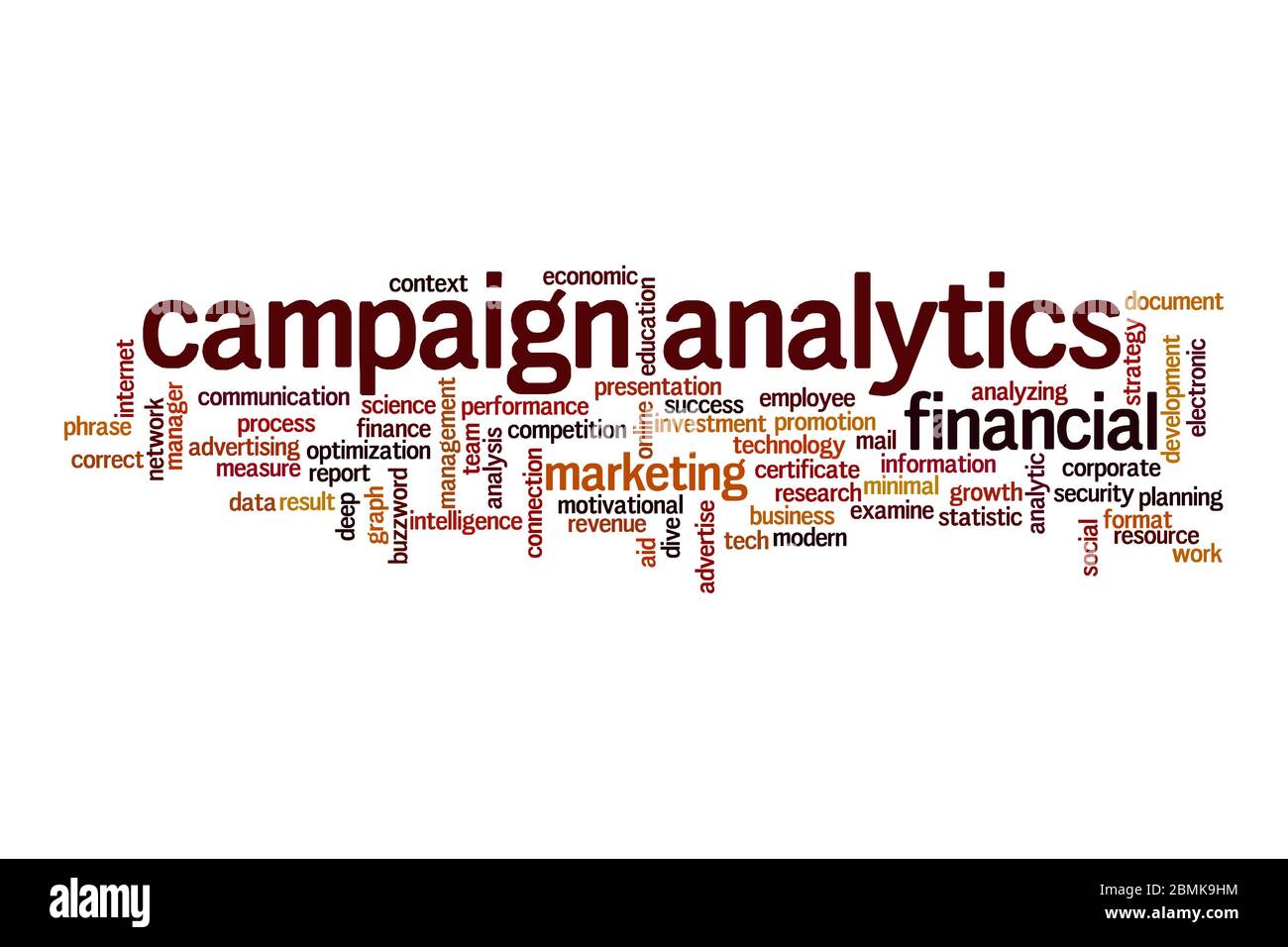 Concetto di word cloud di analisi delle campagne su sfondo bianco Foto Stock