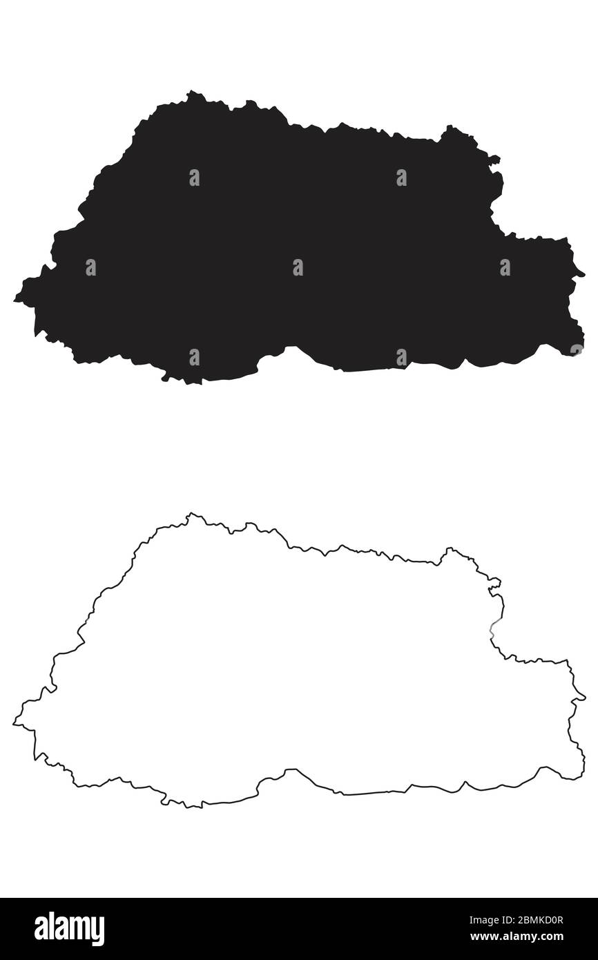 Mappa del Paese del Bhutan. Silhouette e profilo neri isolati su sfondo bianco. Vettore EPS Illustrazione Vettoriale