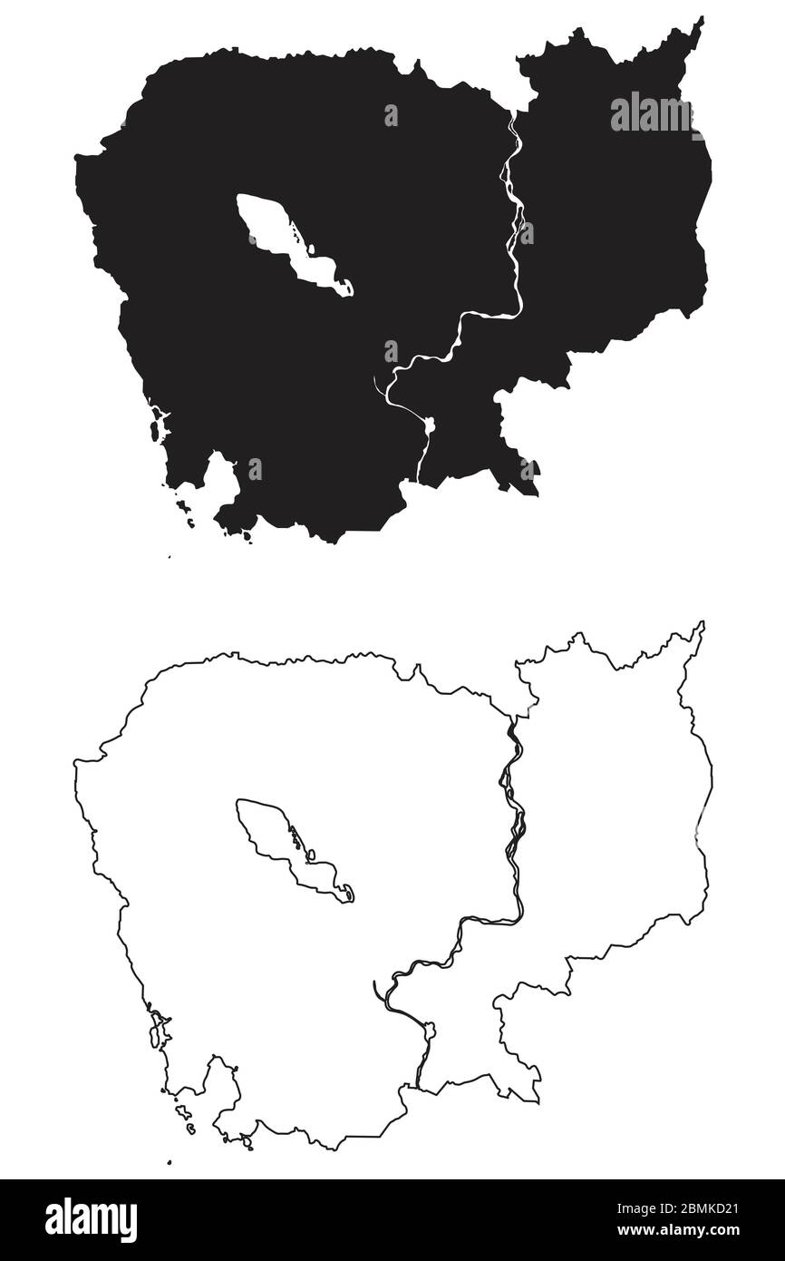 Cambogia Paese Mappa. Silhouette e profilo neri isolati su sfondo bianco. Vettore EPS Illustrazione Vettoriale