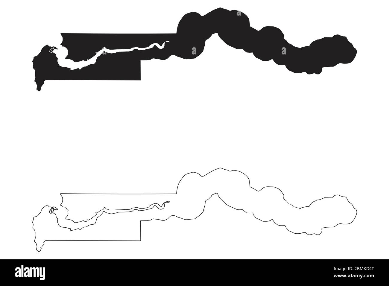 Mappa del Paese della Gambia. Silhouette e profilo neri isolati su sfondo bianco. Vettore EPS Illustrazione Vettoriale