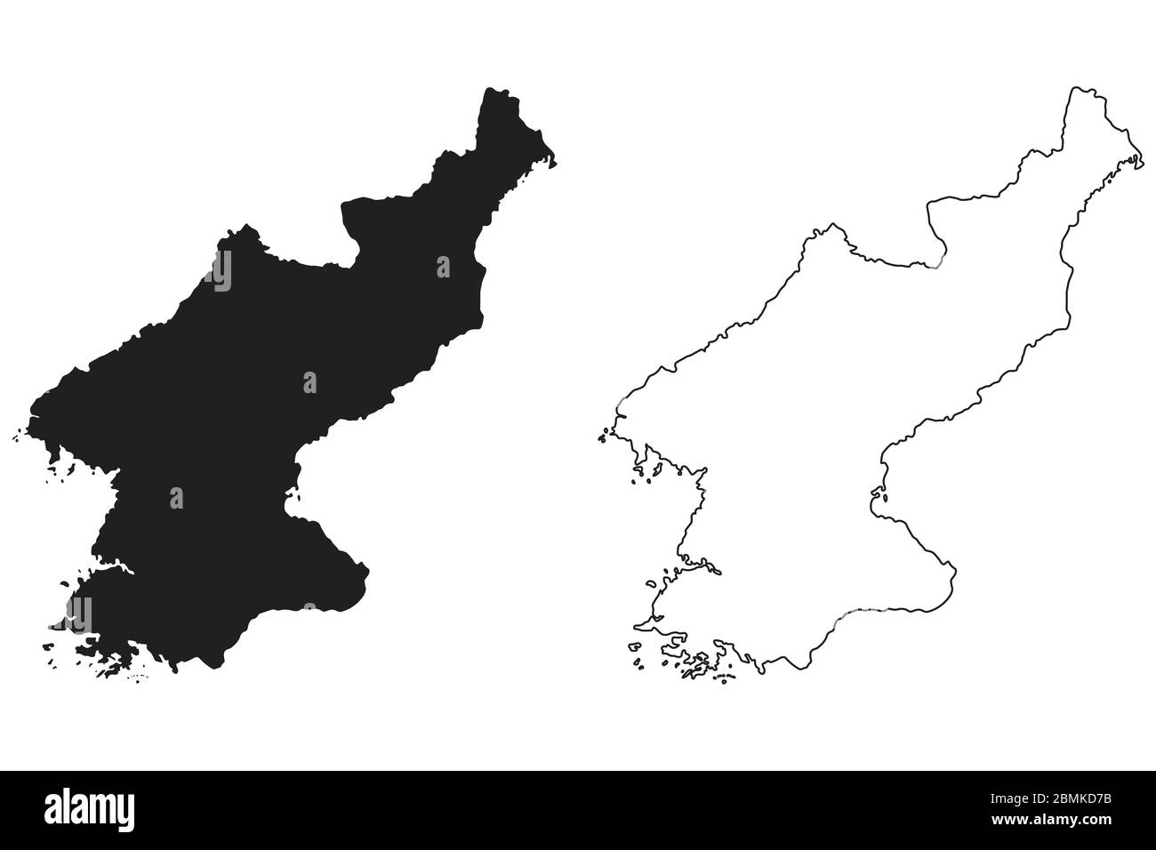 Mappa dei Paesi della Corea del Nord. Silhouette e profilo neri isolati su sfondo bianco. Vettore EPS Illustrazione Vettoriale