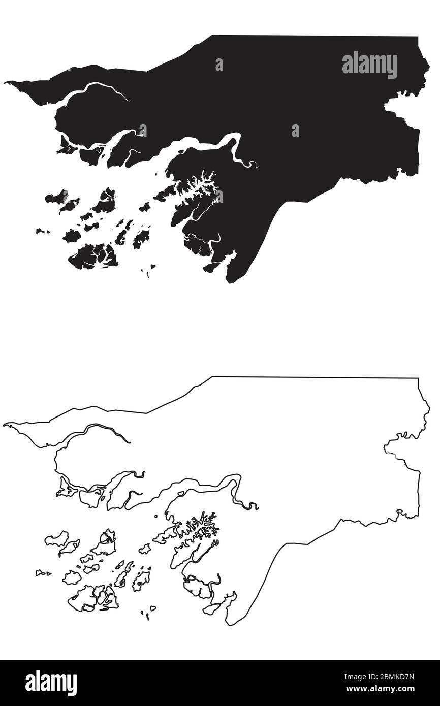 Guinea Bissau Mappa di Paese. Silhouette e profilo neri isolati su sfondo bianco. Vettore EPS Illustrazione Vettoriale