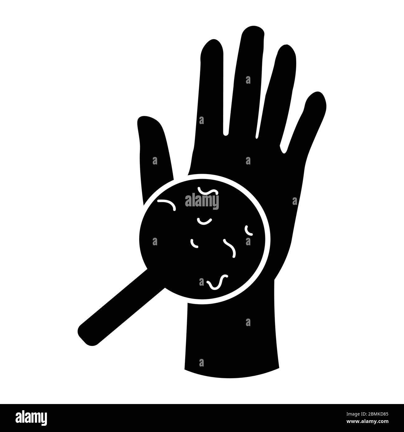 Germi batteri virus sul palmo della mano usando il vetro ingrandente. Vettore EPS bianco e nero Illustrazione Vettoriale
