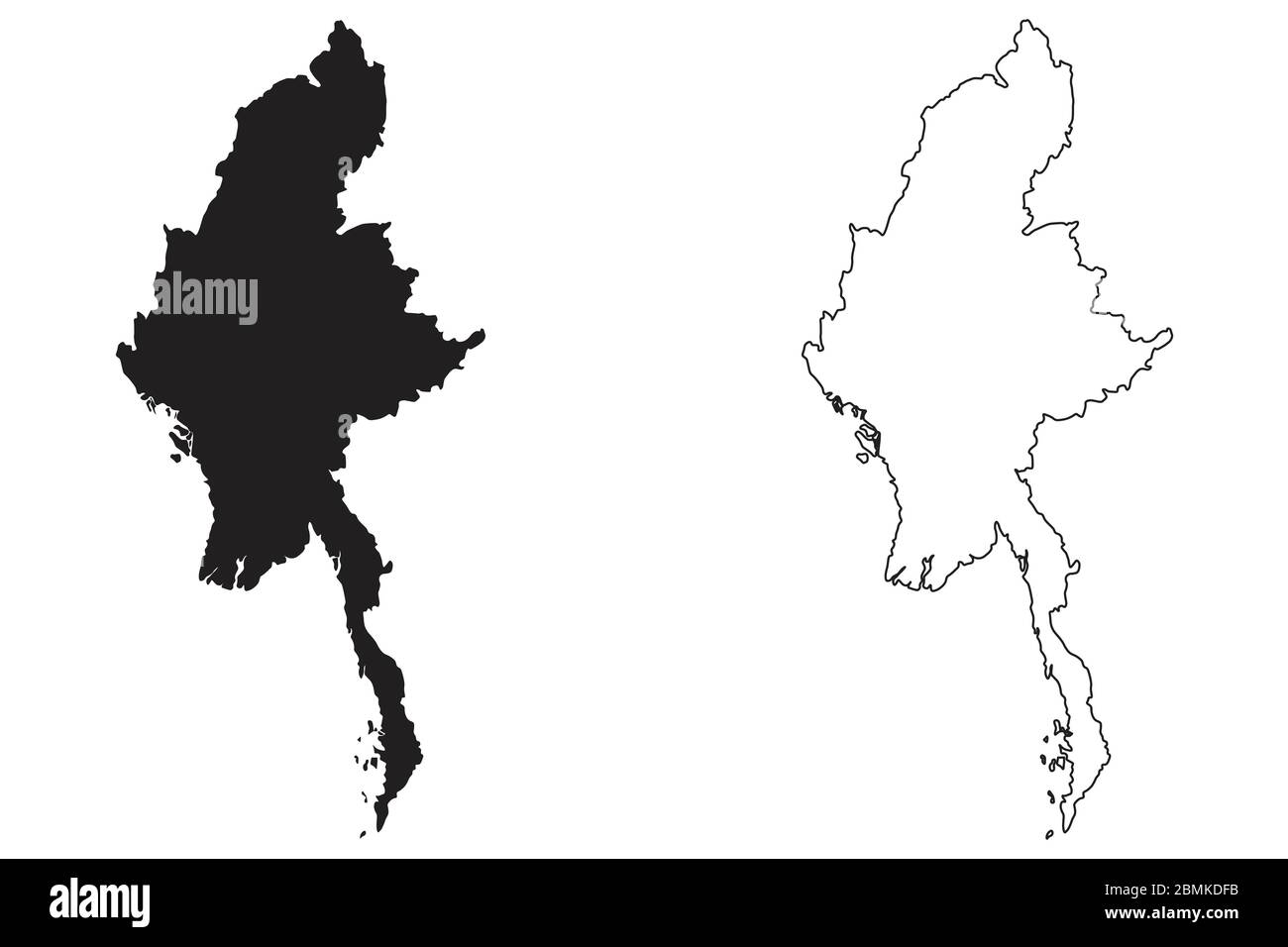 Myanmar Paese Mappa. Silhouette e profilo neri isolati su sfondo bianco. Vettore EPS Illustrazione Vettoriale