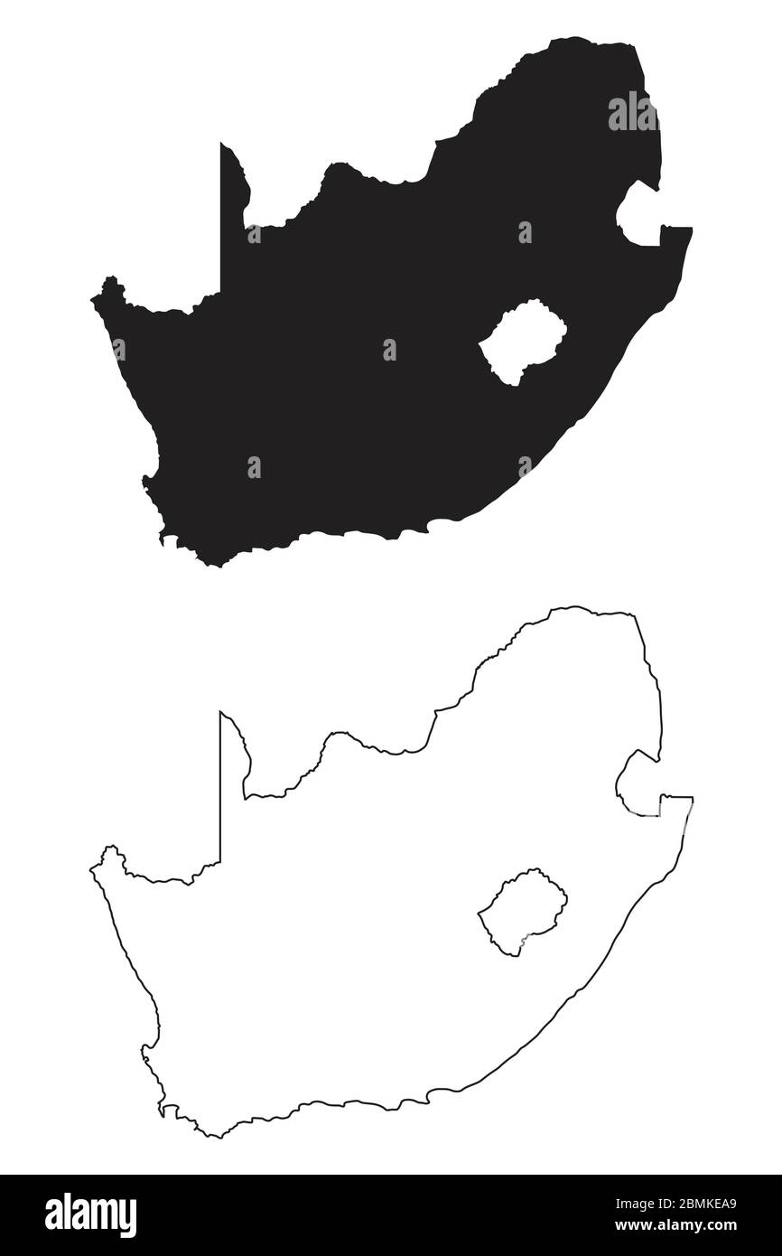 Mappa del Paese del Sud Africa. Silhouette e profilo neri isolati su sfondo bianco. Vettore EPS Illustrazione Vettoriale