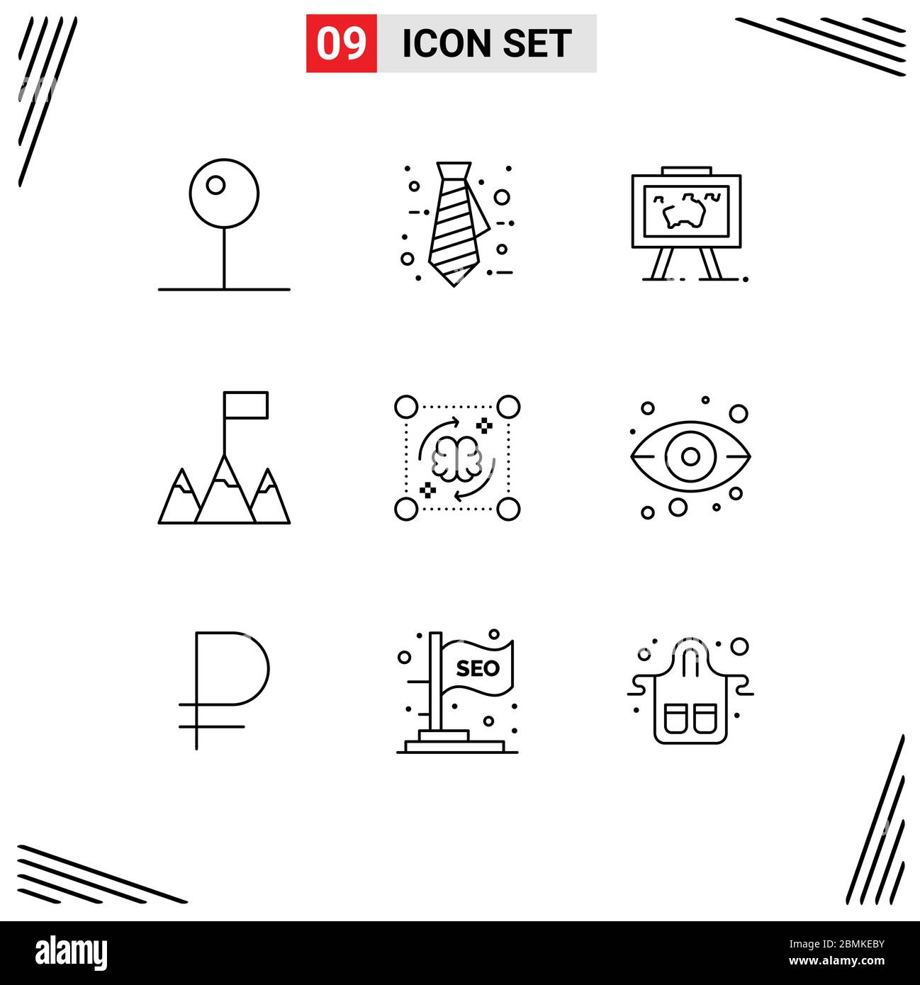 Pacchetto icone vettore di 9 simboli e segni di linea per elementi di progettazione vettoriale modificabili di cervello, processo, mappa, mente e flag Illustrazione Vettoriale