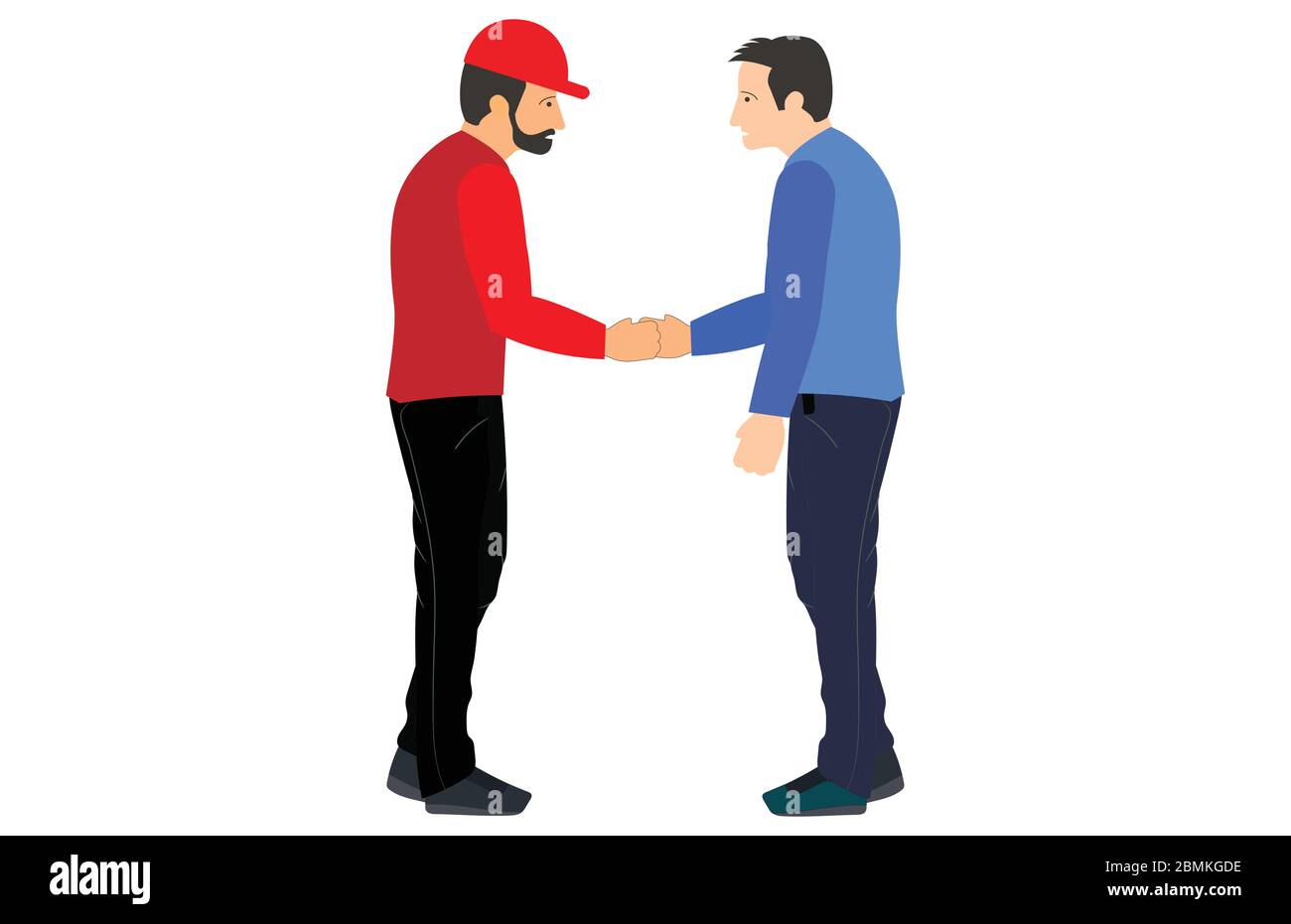 Design del carattere handshake. Illustrazione vettoriale di due persone handshake l'un l'altro. Mans sono saluto faccia a faccia. Illustrazione Vettoriale