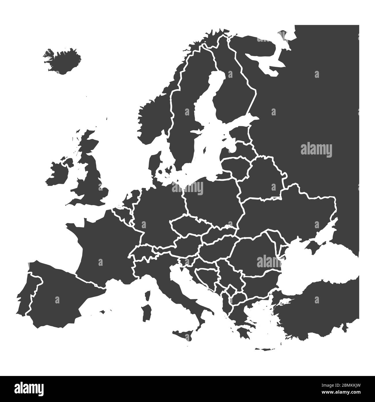 Mappa dettagliata dell'europa, silhouette grigia su bianco Illustrazione Vettoriale