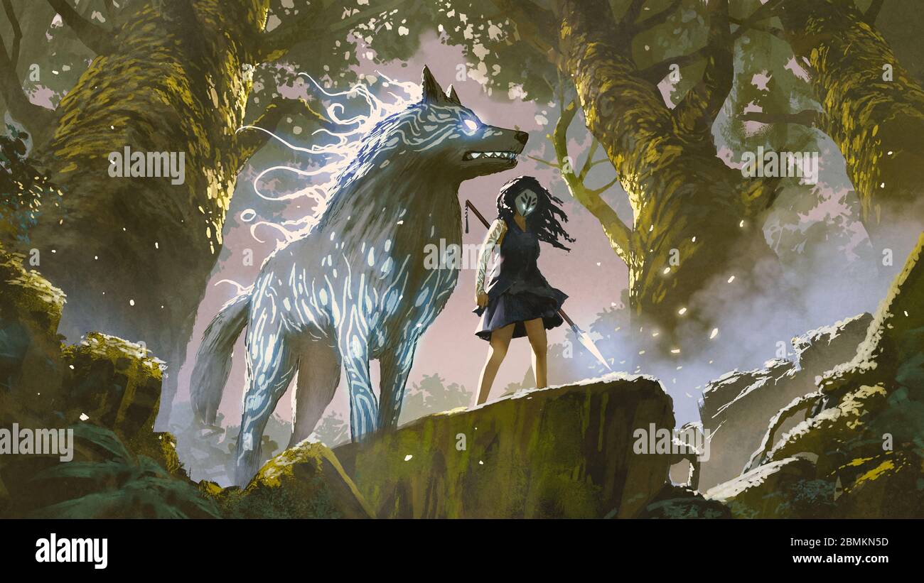 ragazza selvaggia con il suo lupo in piedi nella foresta, stile di arte digitale, pittura di illustrazione Foto Stock