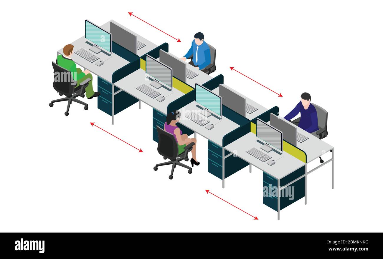 Social distancing nella workstation d'ufficio. I dipendenti lavorano insieme sulla scrivania per mantenere la distanza per il virus 19 covid. Illustrazione vettoriale di w Illustrazione Vettoriale