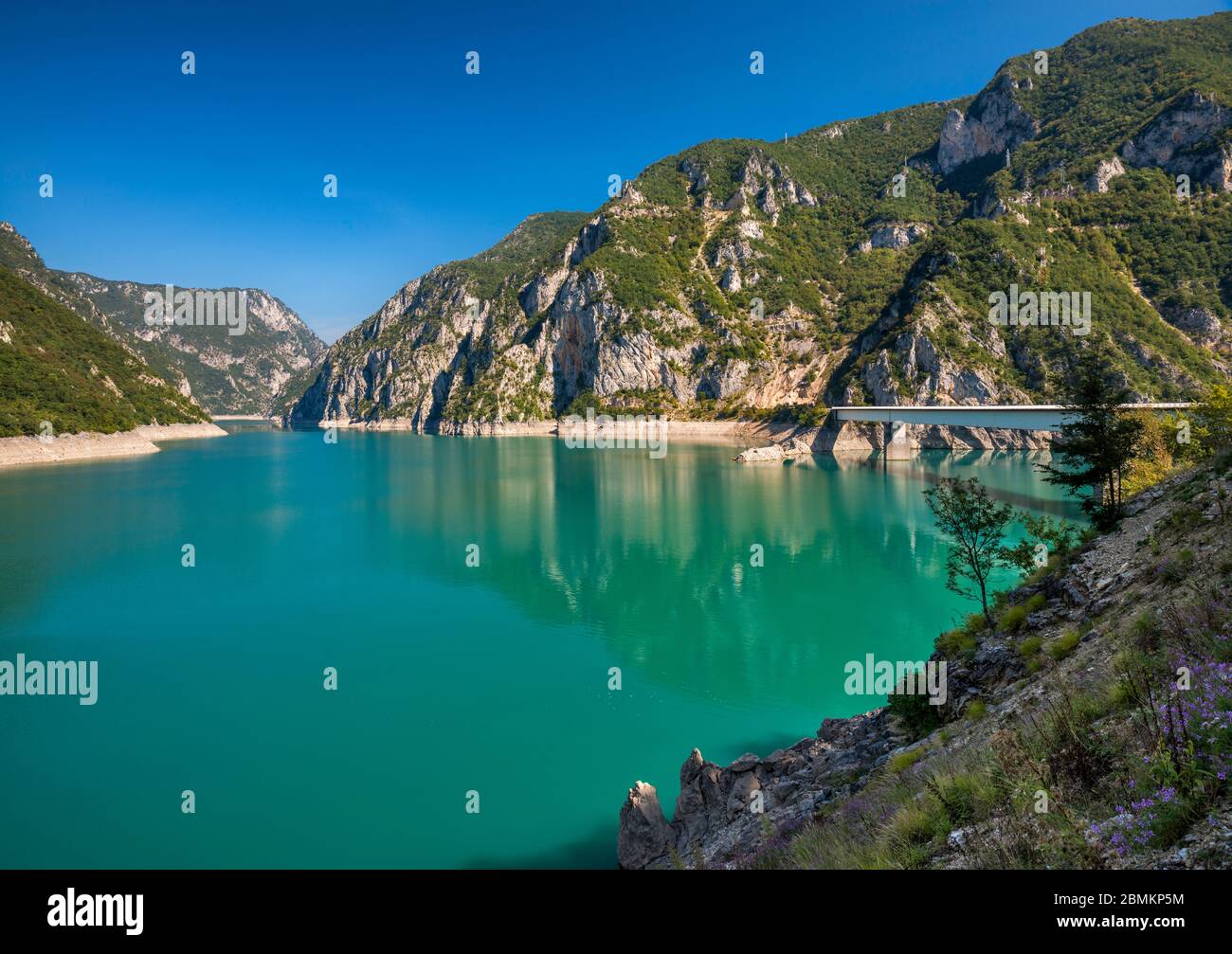 Piva (Pivsko jezero), lago artificiale sul fiume Piva nel Canyon Piva, ponte autostradale vicino a Pluzine, Montenegro, Europa sudorientale Foto Stock