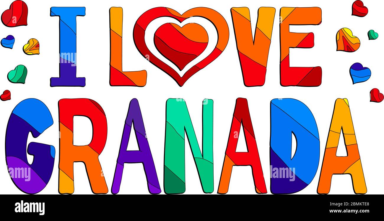 Amo Granada - carina iscrizione multocolorata. Granada è la capitale della provincia di Granada, nella comunità autonoma dell'Andalusia, SPAI Illustrazione Vettoriale