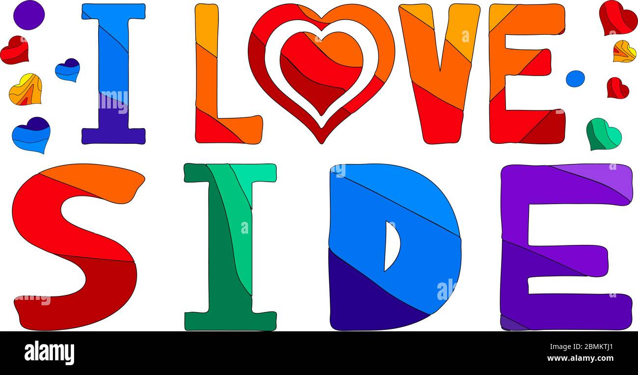 Amo lato - cute iscrizione multicolore. Cuore invece dell'"amore". Side è una città della Turchia. Illustrazione Vettoriale