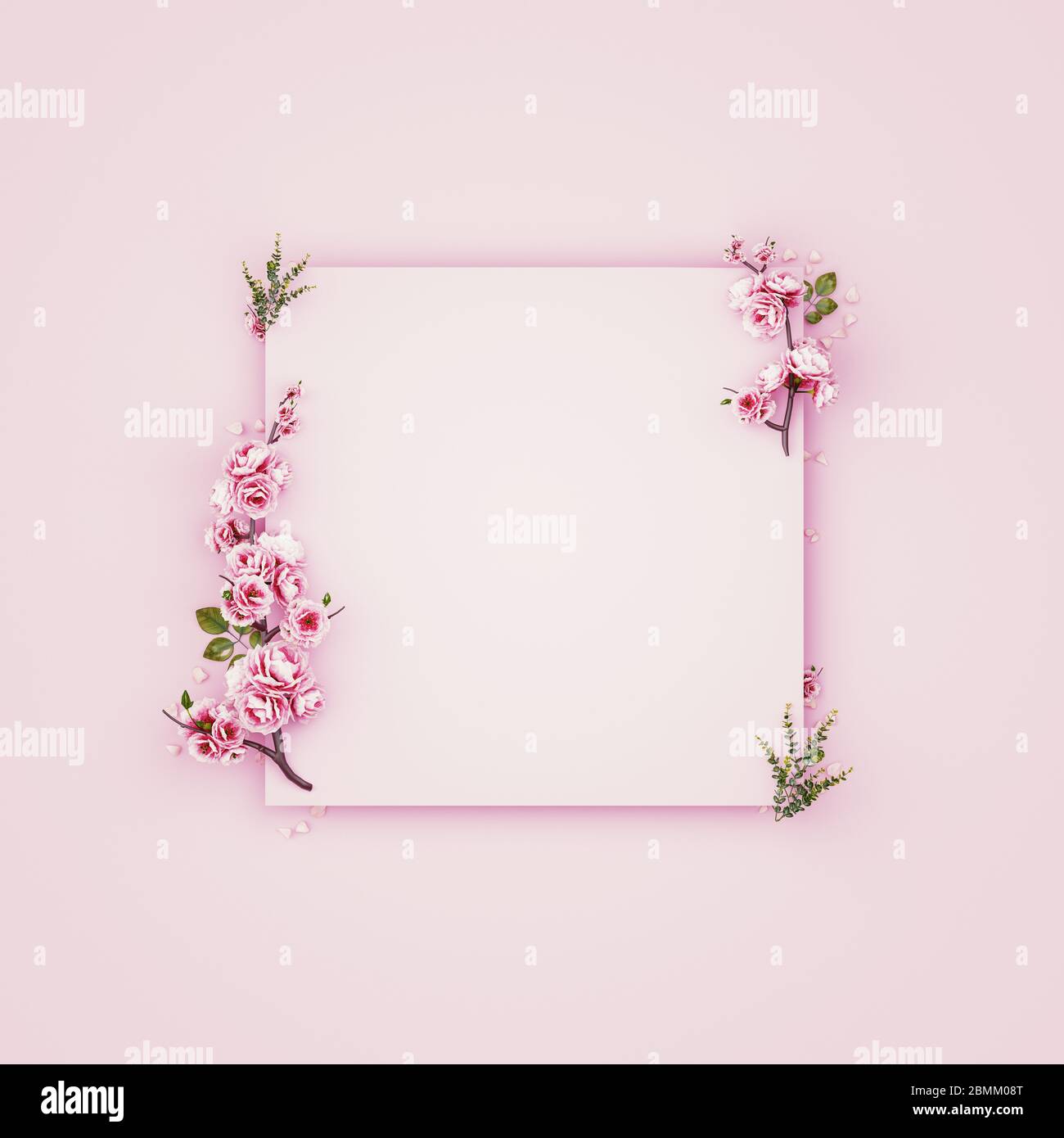 Composizione dei fiori. Carta bianca, fiori rosa su sfondo rosa pastello. Disposizione piatta, vista dall'alto, spazio per copia, quadrato. Foto Stock