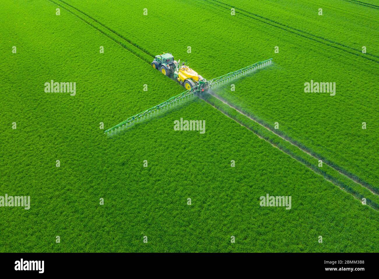 Campi verdi. Vista aerea del trattore che spruzza le sostanze chimiche sul grande campo verde. Sfondo primavera agricolo. Foto Stock