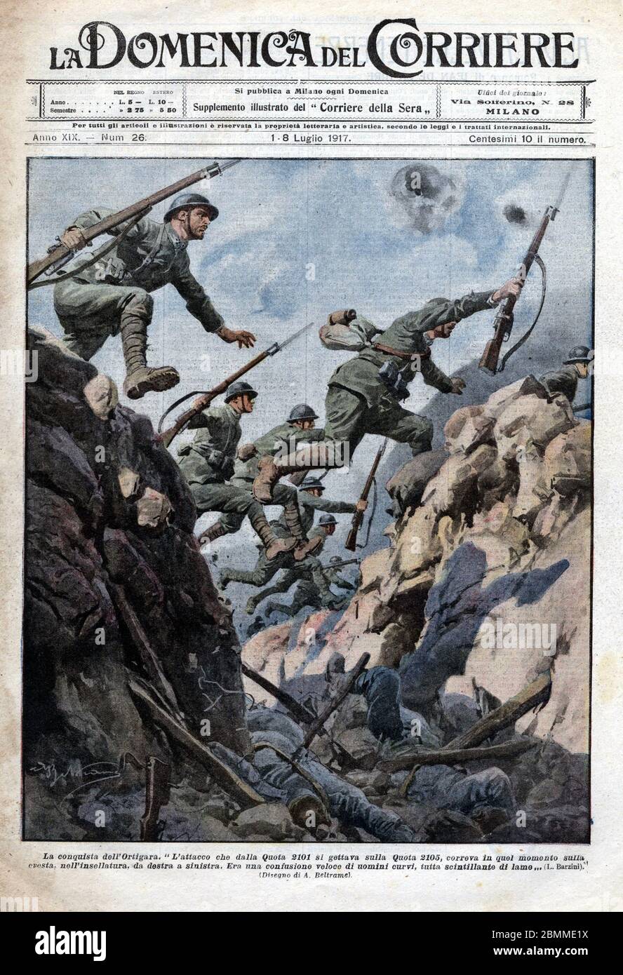 La bataille de l'Ortigara le 21/06/1917. Illustrazione di Beltrame. 'La Domenica del Corriere' du juillet 1917. Foto Stock