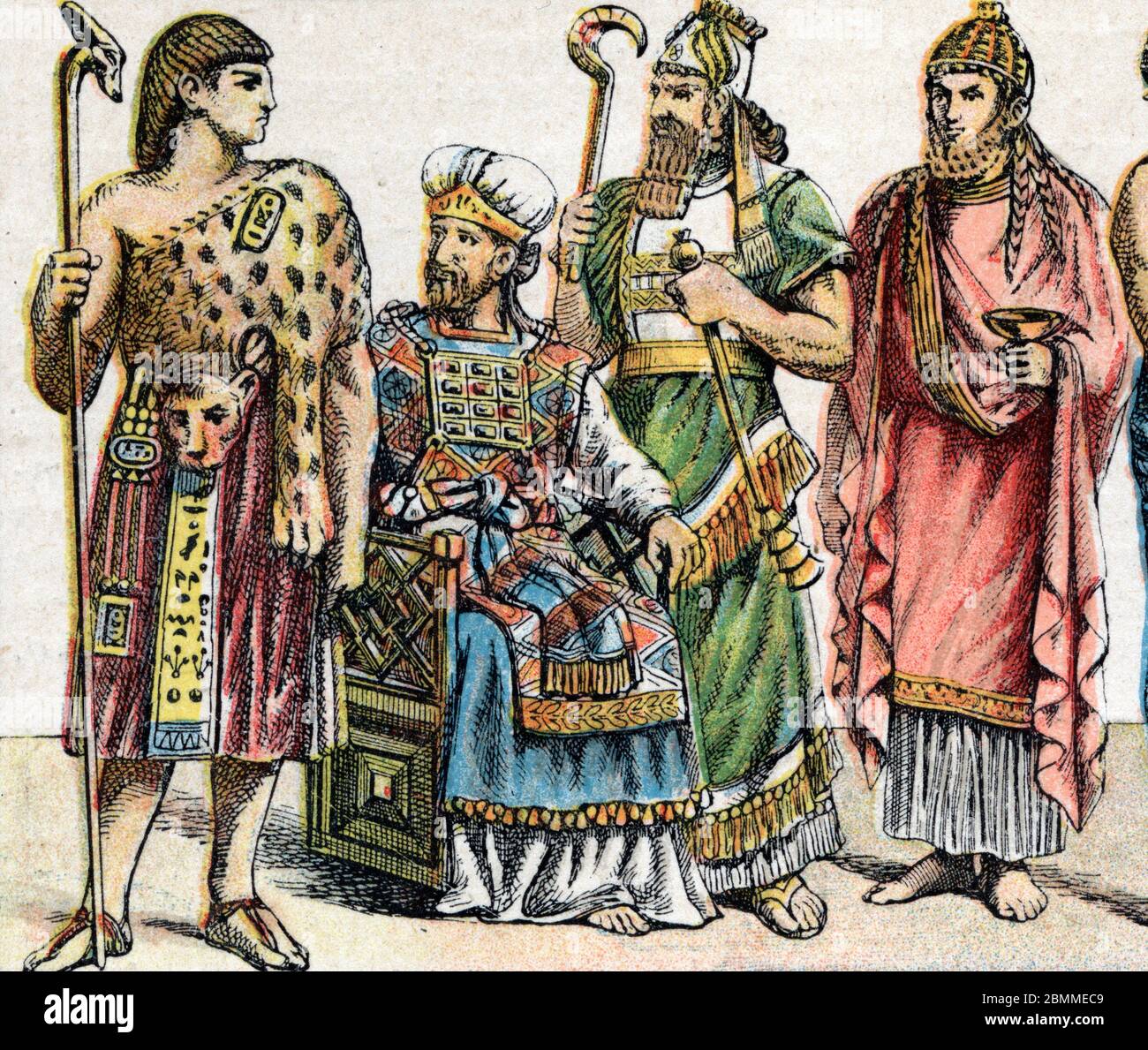 Costumi relieux dans l'Antichite : de g a d portrait d'un Grand pretre egyptien, un Grand pretre hebreu, un roi assyrien en vetements d'officiant e Foto Stock