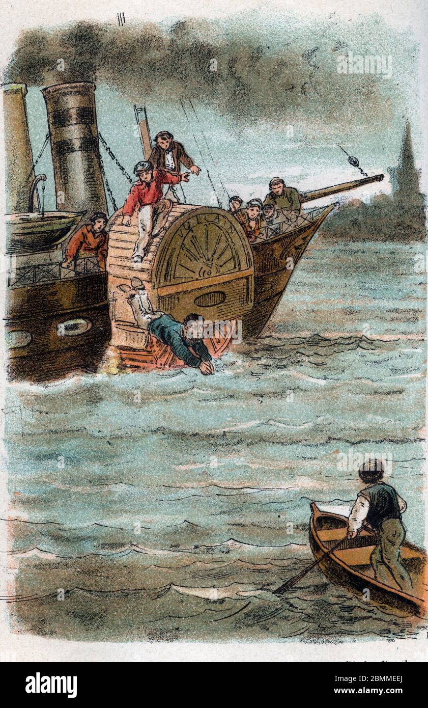 "Un marin sauve une femme et ses enfants de l'incendie du Bateau a vapeur 'le vulcain' en 1837" Illustrazione tiree de 'le marinier Pierre Guillot' in Foto Stock