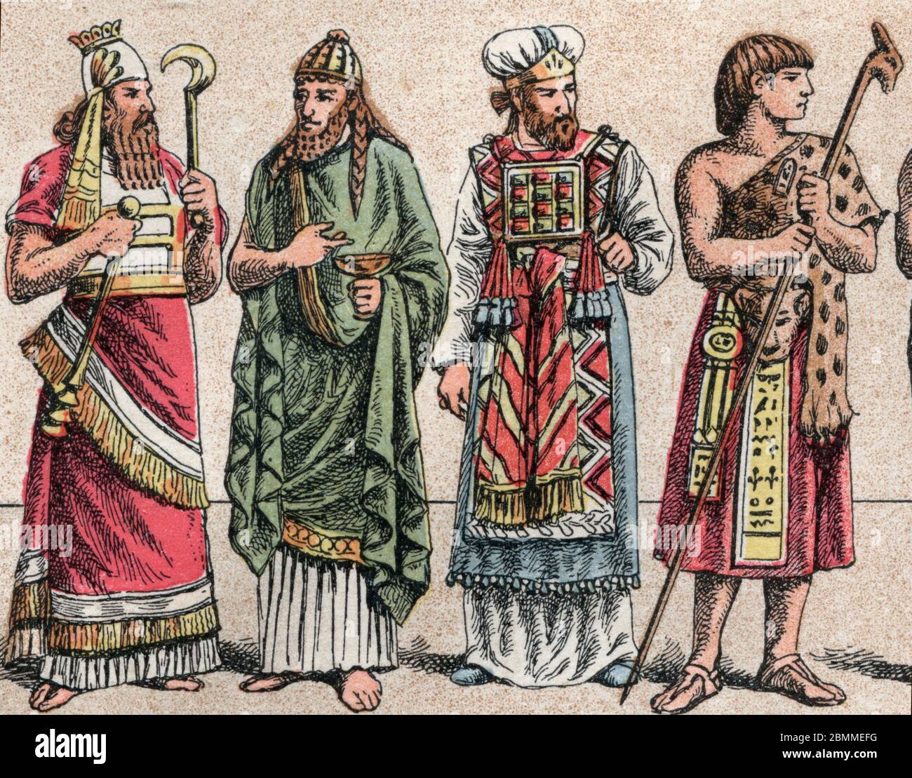 Costumi relieux dans l'Antichite : de g a d portrait d'un roi assyrien en vetements d'officiant, un pretre phenicien, un Grand pretre hebreu, et un Foto Stock