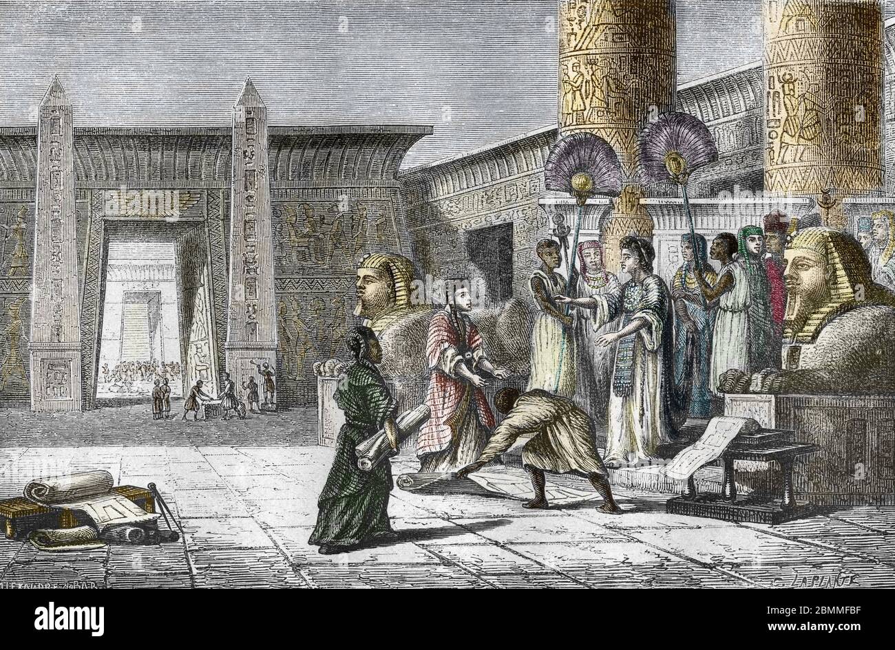 Antichite egyptienne : 'le roi d'Egypte Tolemee Ier Soter (368-283 avant JC) supervisant les travaux de construction de la bibliotheque d'Alexandrie Foto Stock