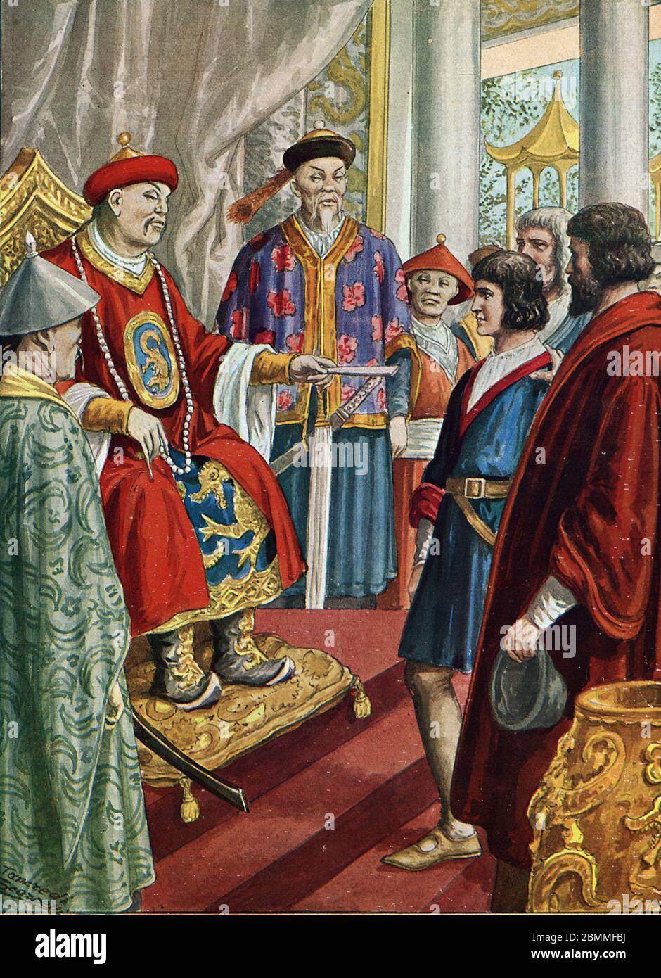 'Le navigateur venitien Marco Polo (1254-1324) devant le Grand Qubilai (Kubilai Khan), Premier empereur de la dynastie mongole des Yuan (1215-1294) ve Foto Stock