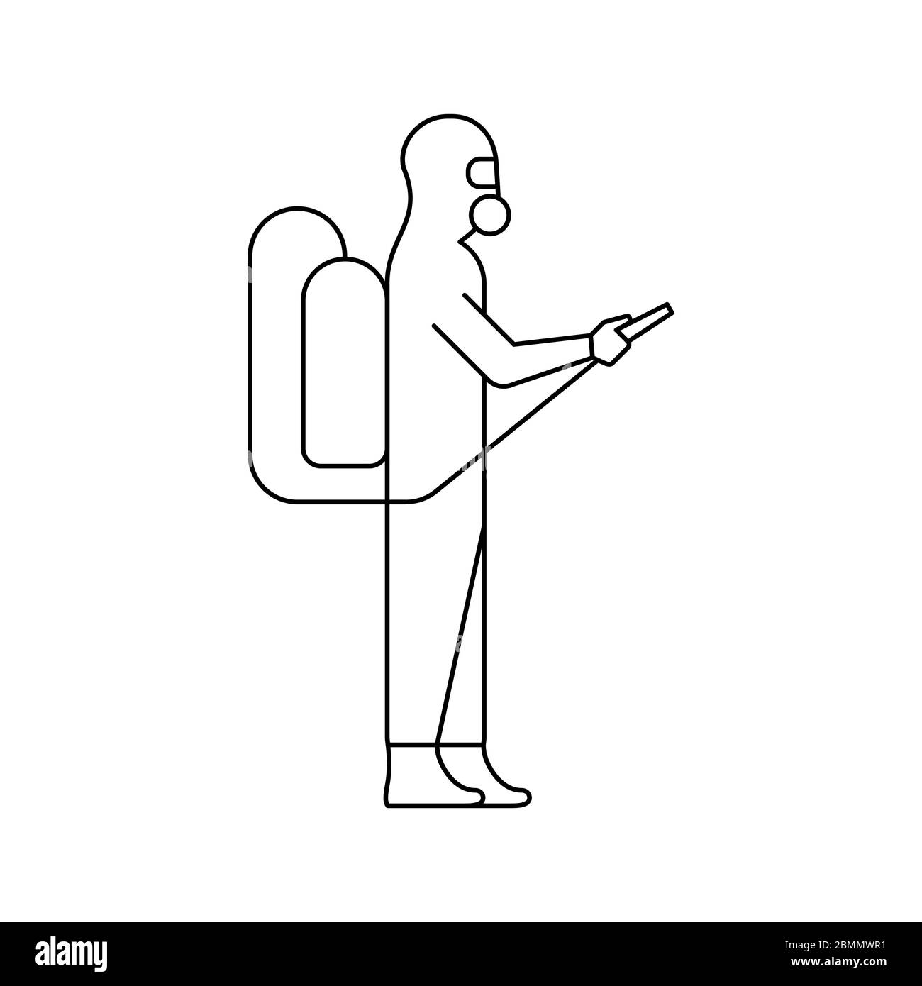 Uomo in tuta protettiva che effettua la disinfezione. Disinfettante pulizia contaminazione da coronavirus. Lavoratore che indossa maschera di gas durante epidemia. Icona linea nera Illustrazione Vettoriale