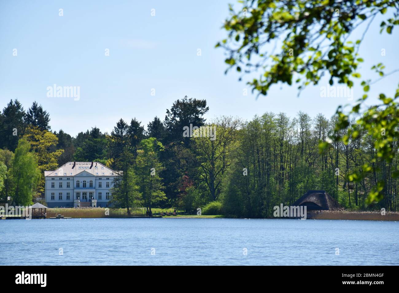 Vista panoramica sul lago con vecchia casa padronale tra gli alberi a Meclemburgo, Germania Foto Stock