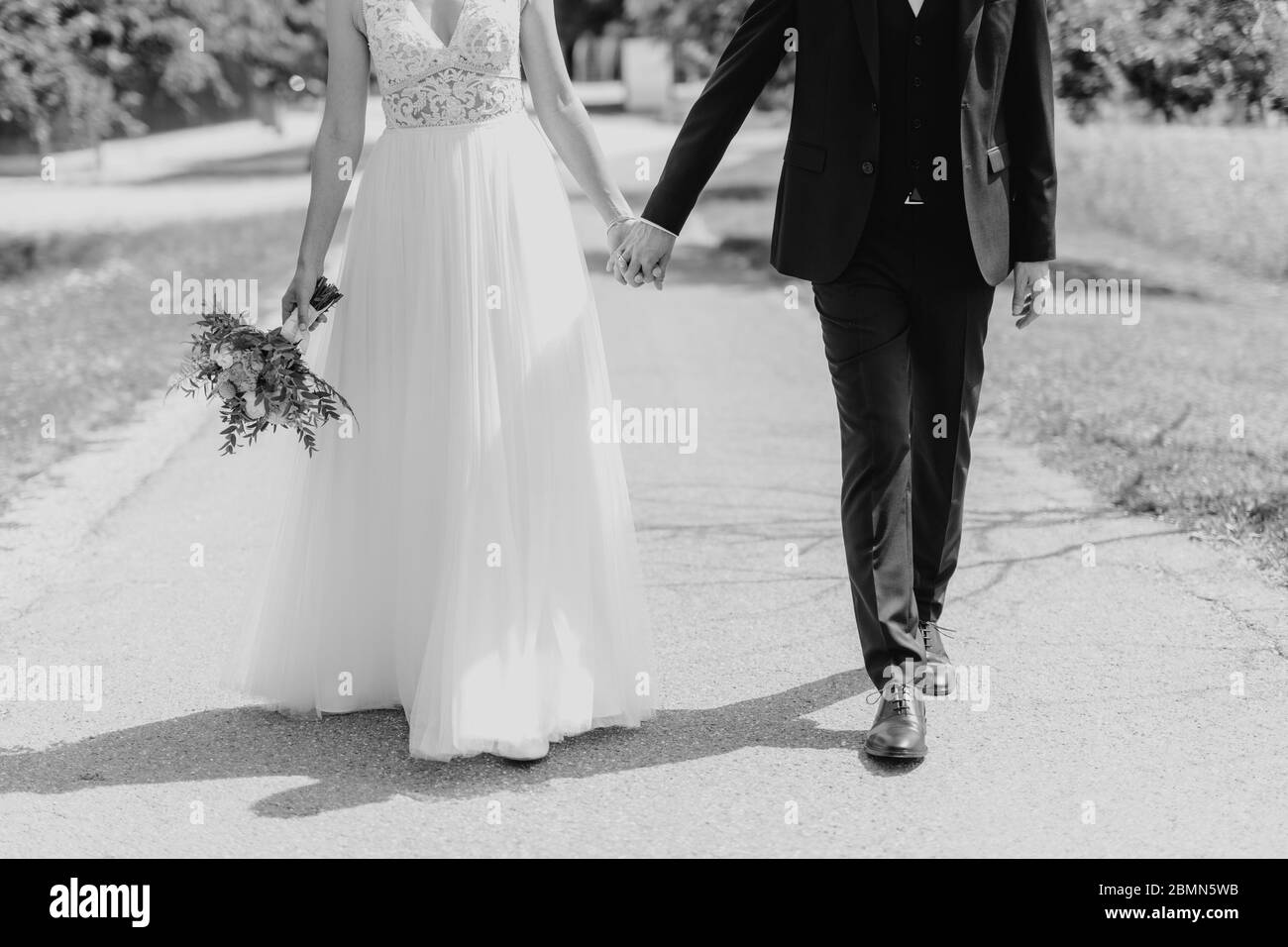 Sposa e lo sposo tenendo le mani Foto Stock