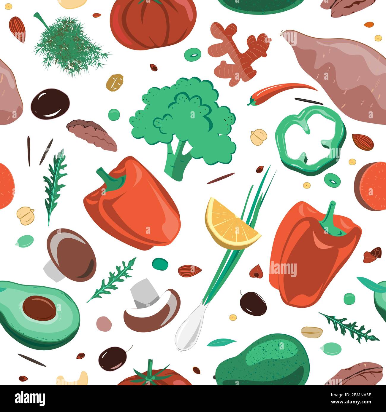 Elegante motivo senza cuciture con verdure rosse e verdi trainate a mano. Pepe piatto, pomodoro, broccoli, cipolla, funghi, yam, cetrioli. Vegetariano sano Illustrazione Vettoriale