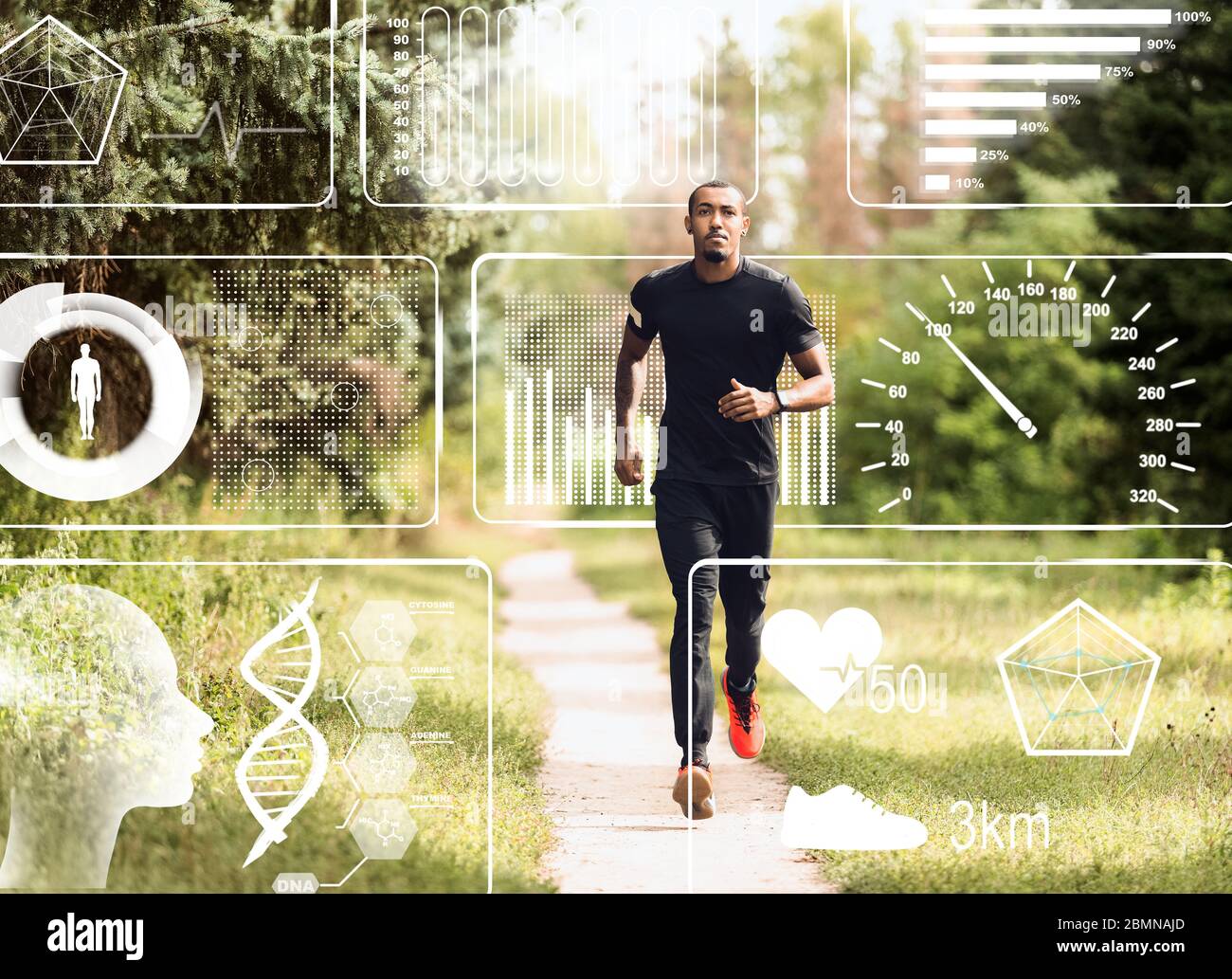 Collage con gli sportivi afro-americani jogging nel parco e monitoraggio della salute dati su schermo immaginario Foto Stock