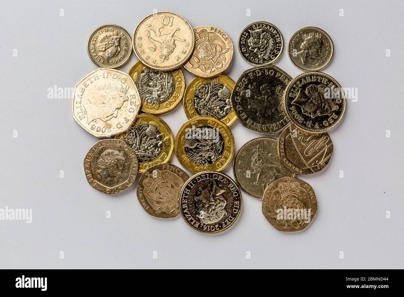 Monete britanniche: £1, 50p, 20p, 10p, 5p Foto Stock