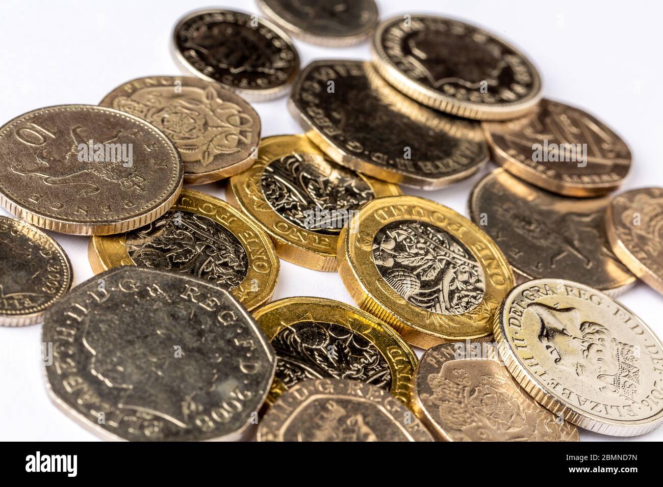 Monete britanniche: £1, 50p, 20p, 10p, 5p Foto Stock