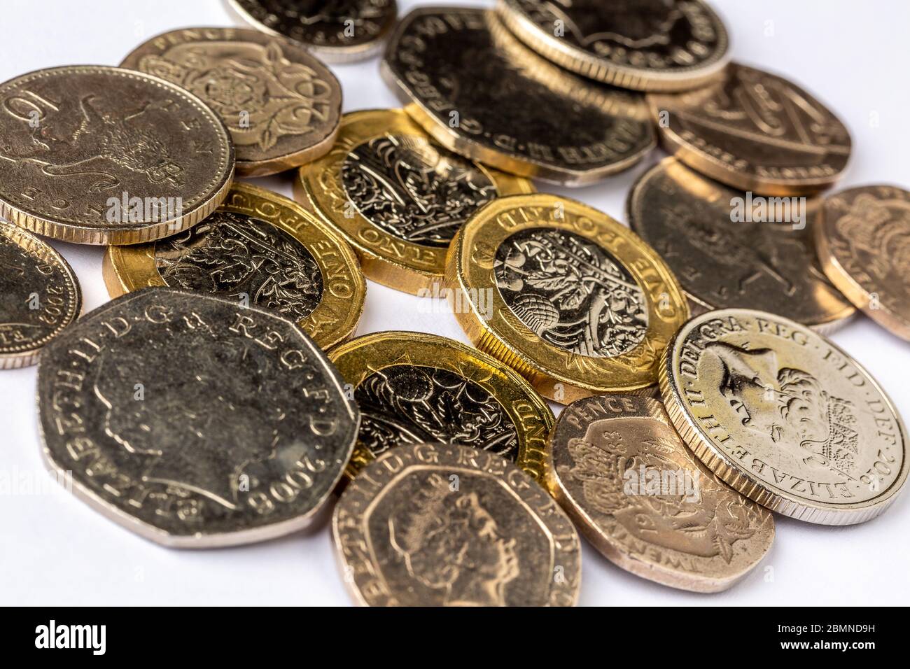 Monete britanniche: £1, 50p, 20p, 10p, 5p Foto Stock