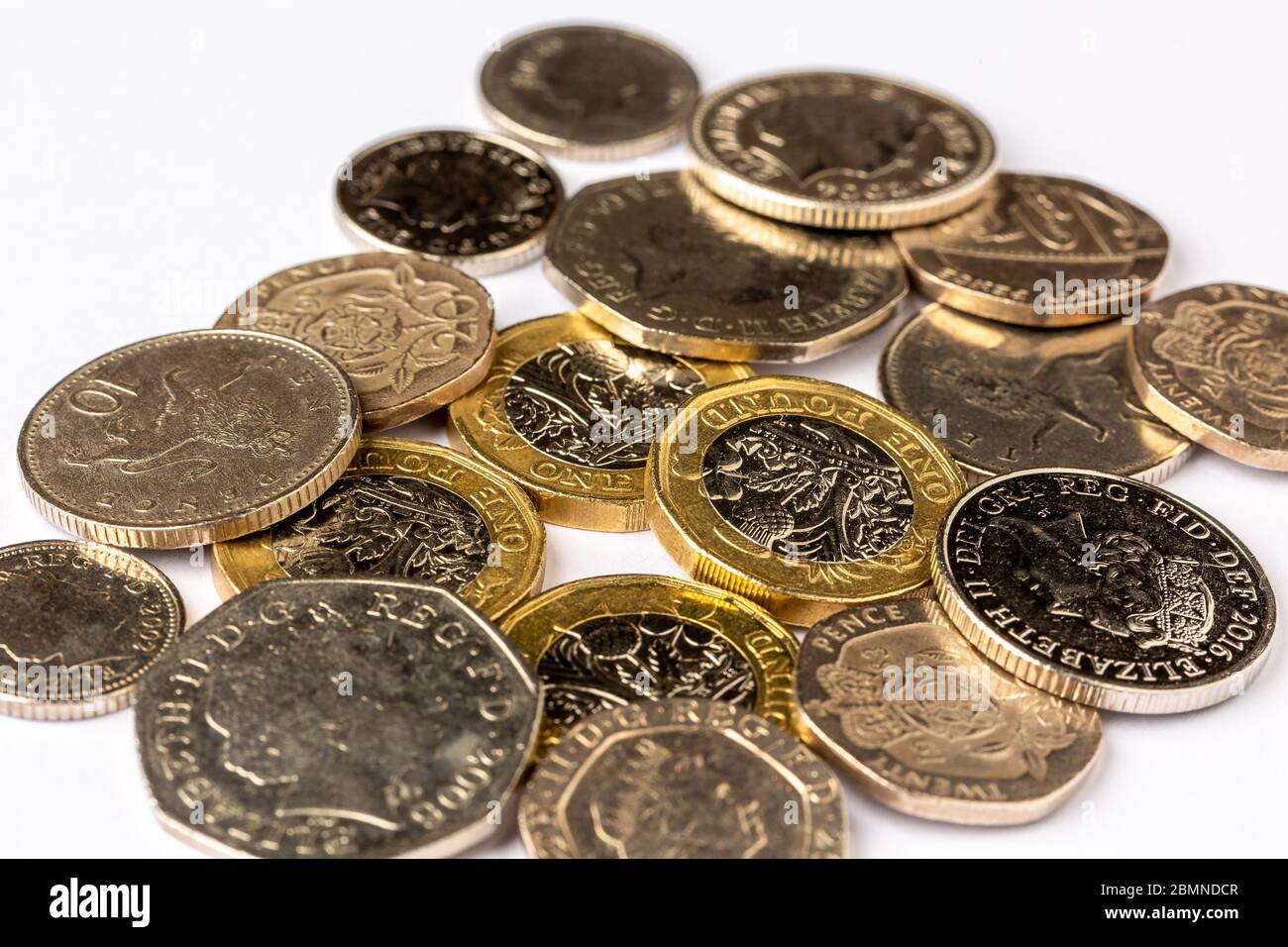 Monete britanniche: £1, 50p, 20p, 10p, 5p Foto Stock