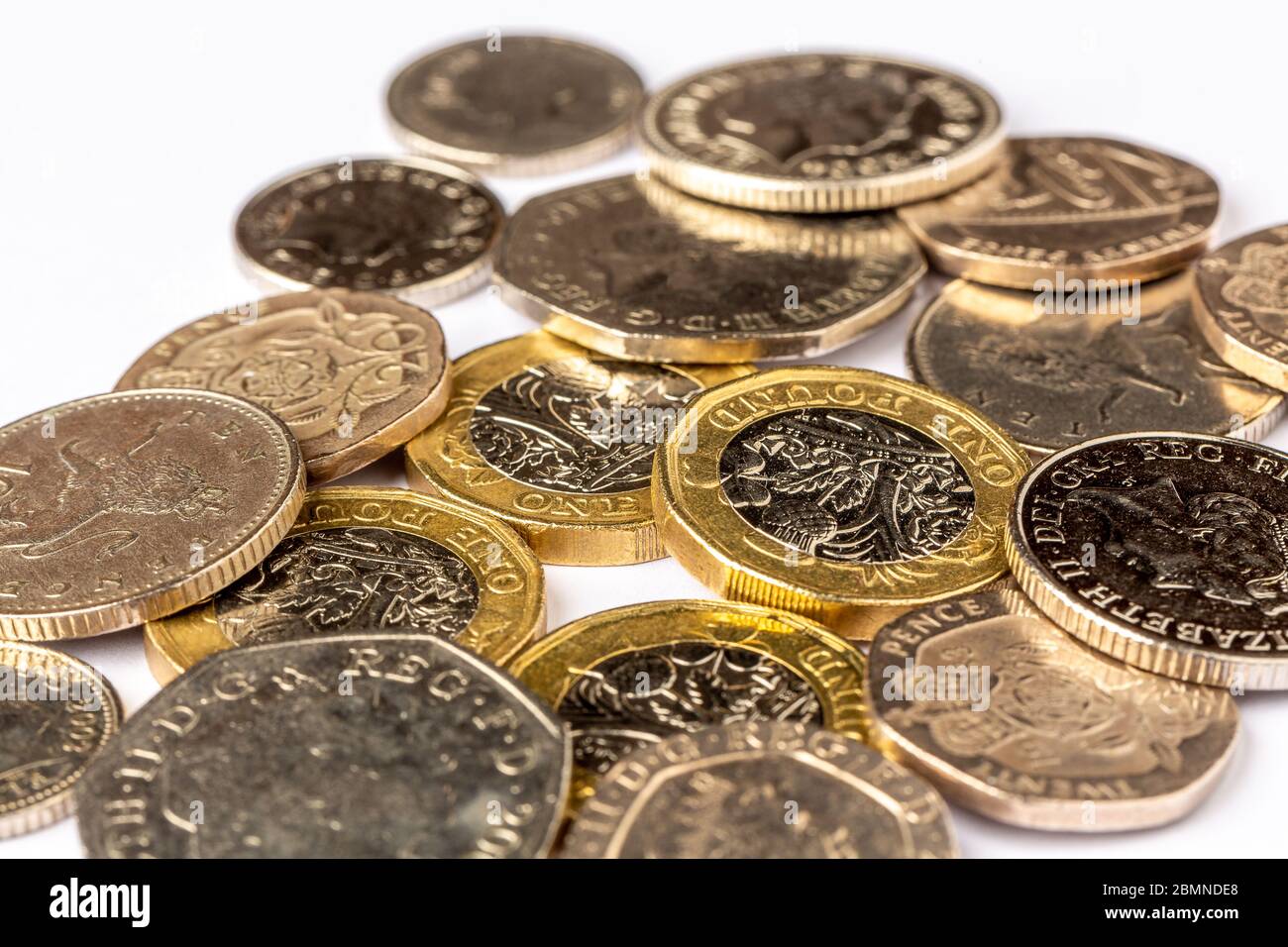 Monete britanniche: £1, 50p, 20p, 10p, 5p Foto Stock