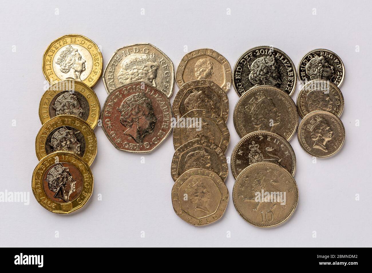 Monete britanniche: £1, 50p, 20p, 10p, 5p Foto Stock