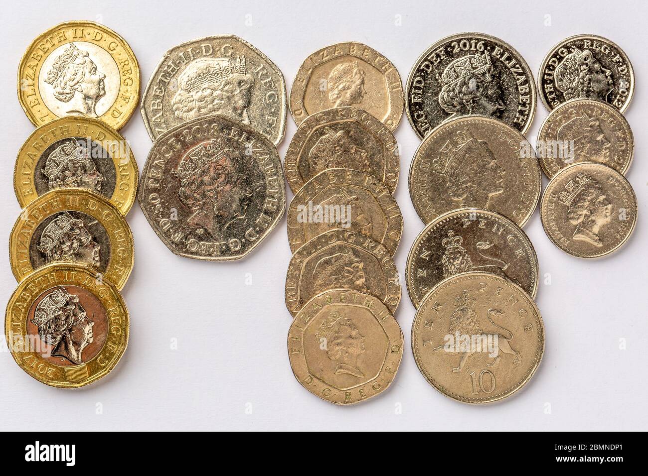 Monete britanniche: £1, 50p, 20p, 10p, 5p Foto Stock