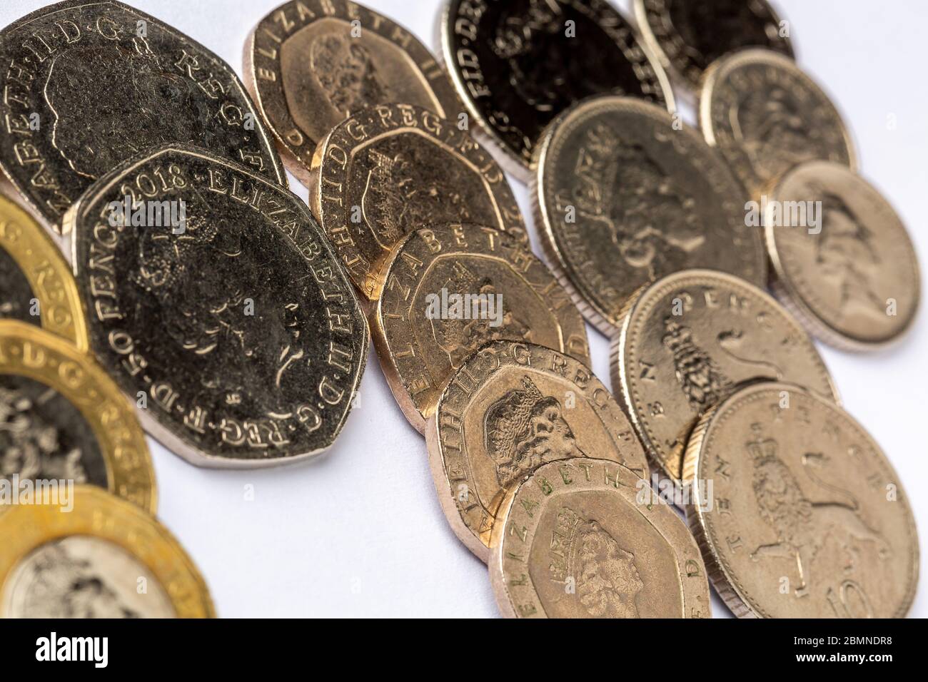Monete britanniche: £1, 50p, 20p, 10p, 5p Foto Stock