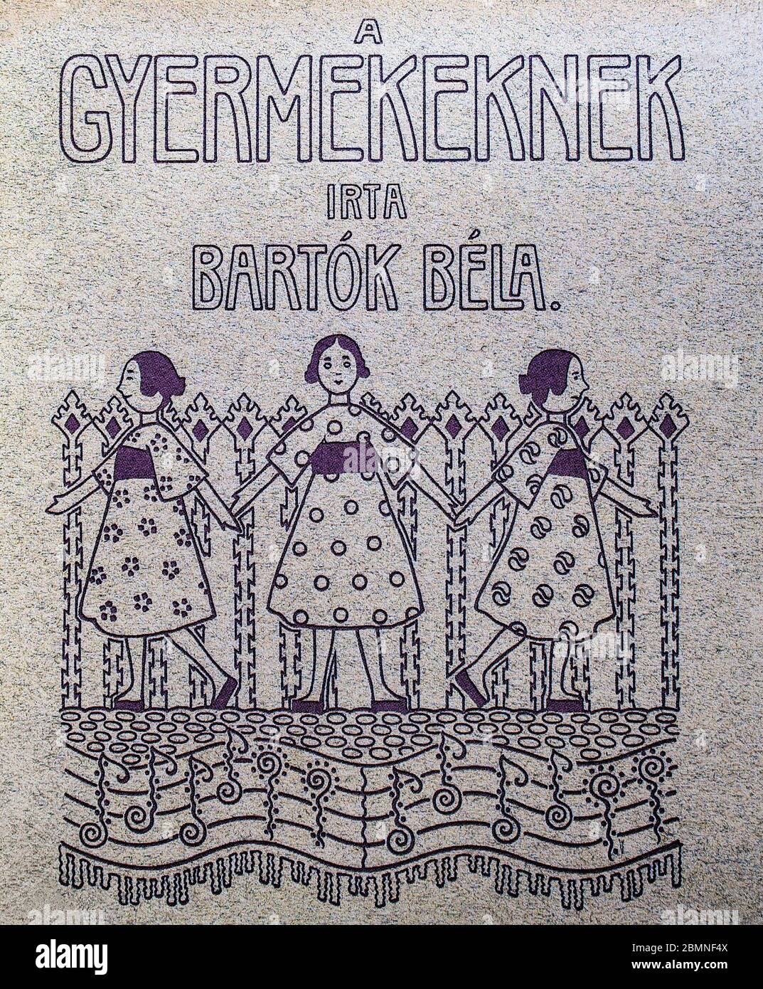 La pagina del titolo dei Pianoforti per Bambini di Bela Bartok. Fu pubblicato per la prima volta nel 1909 dopo aver raccolto musica folk da vari paesi dell'Europa orientale. Bartók (1881-1945) è stato un compositore, pianista ed etnomusicologo ungherese. Foto Stock